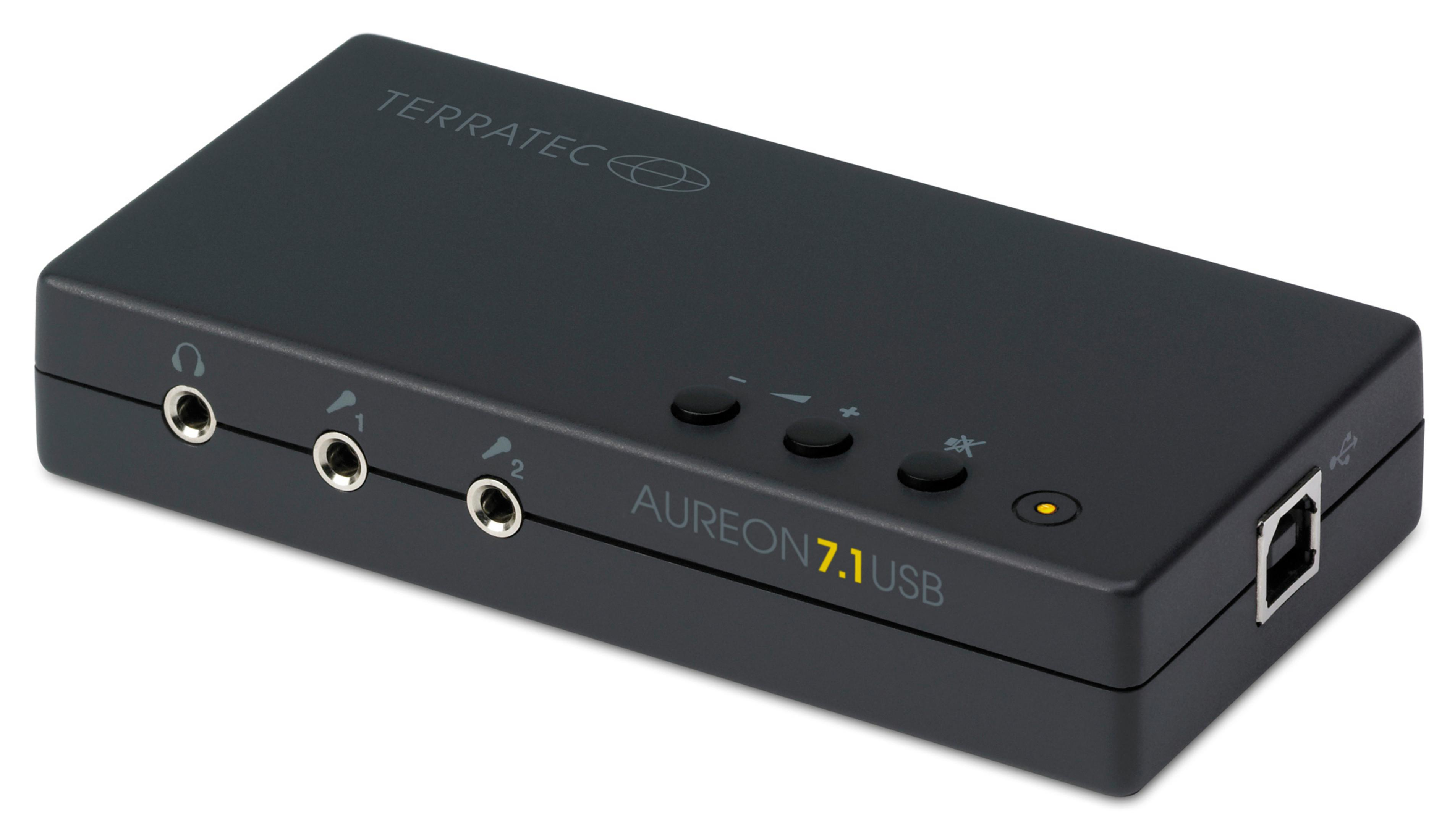 Scheda audio USB Terratec Aureon 7.1 nera con jack di ingresso/uscita e pulsanti su sfondo bianco.
