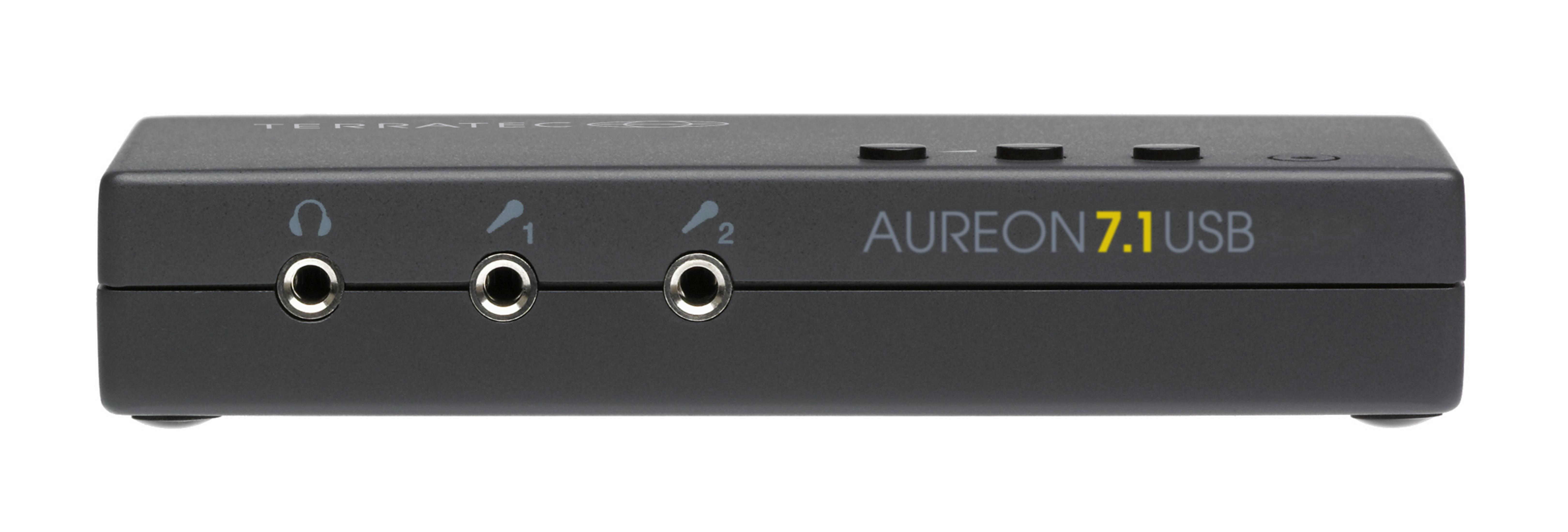 Scheda audio USB Terratec Aureon 7.1 nera con jack di ingresso/uscita e pulsanti.
