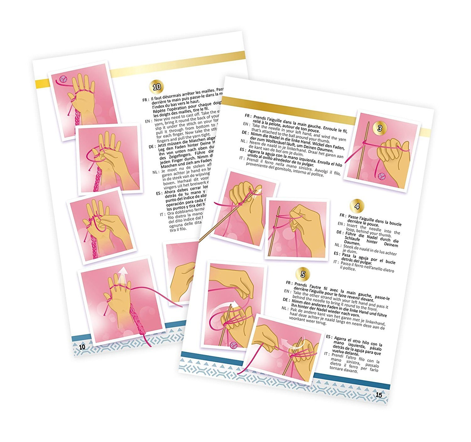 Strony z instrukcjami robienia na drutach. Białe tło.