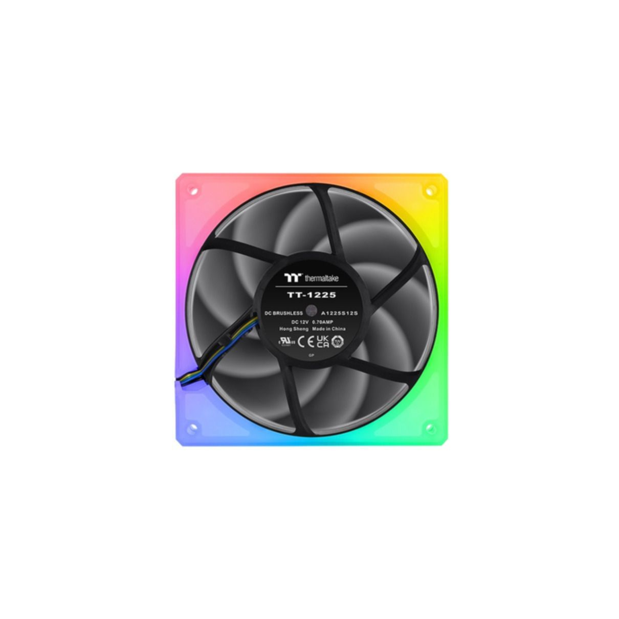 Computer fan with black blades and rainbow LED frame.