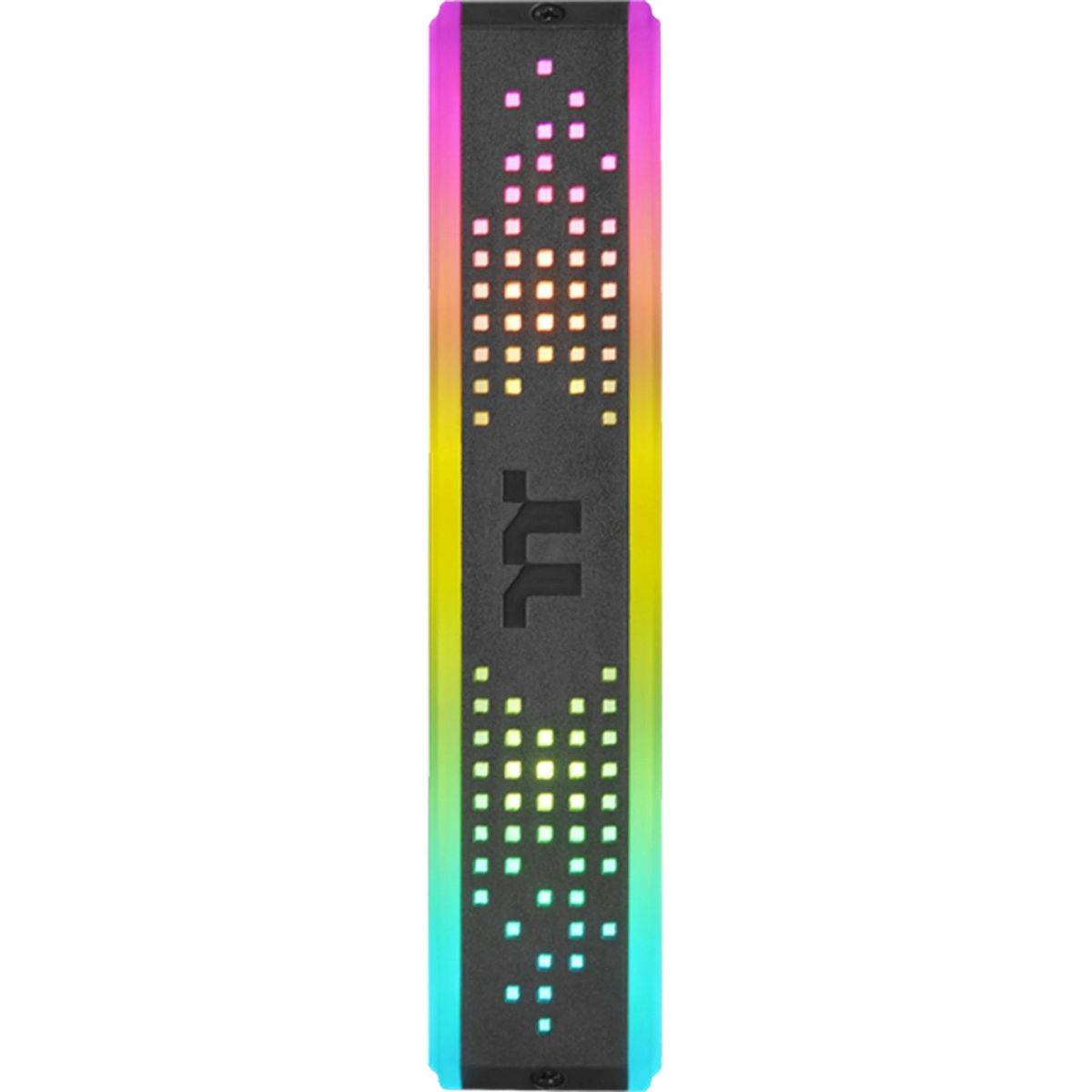 A long vertical RGB LED strip with a black base and a grid of small lights, with a logo.