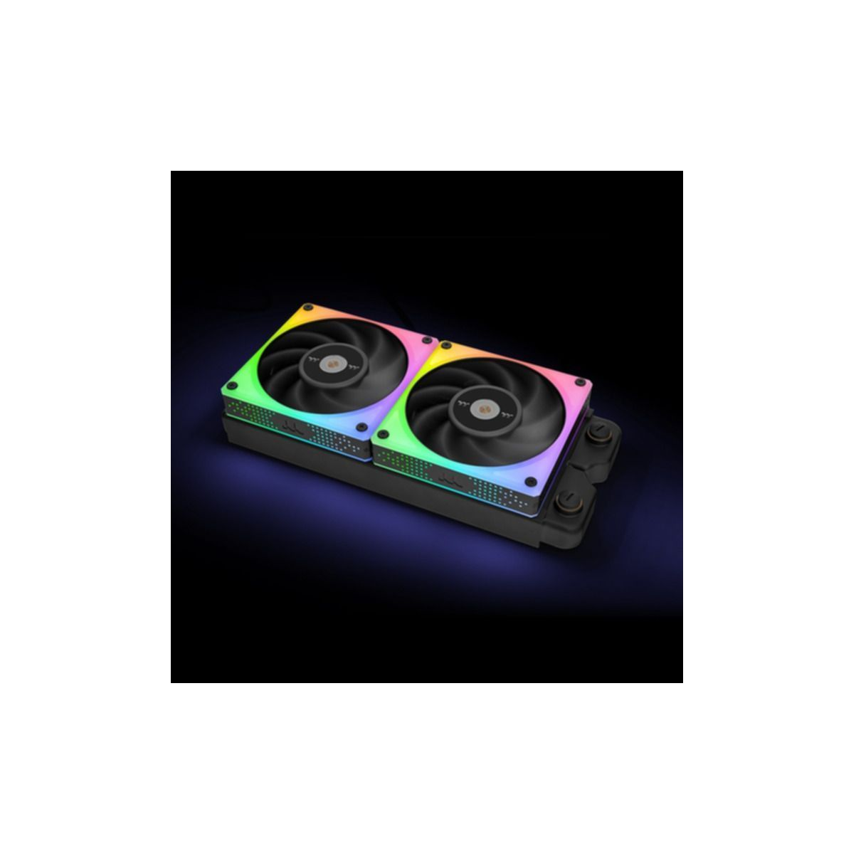 A black computer cooling system with two fans, and a colorful RGB LED light.