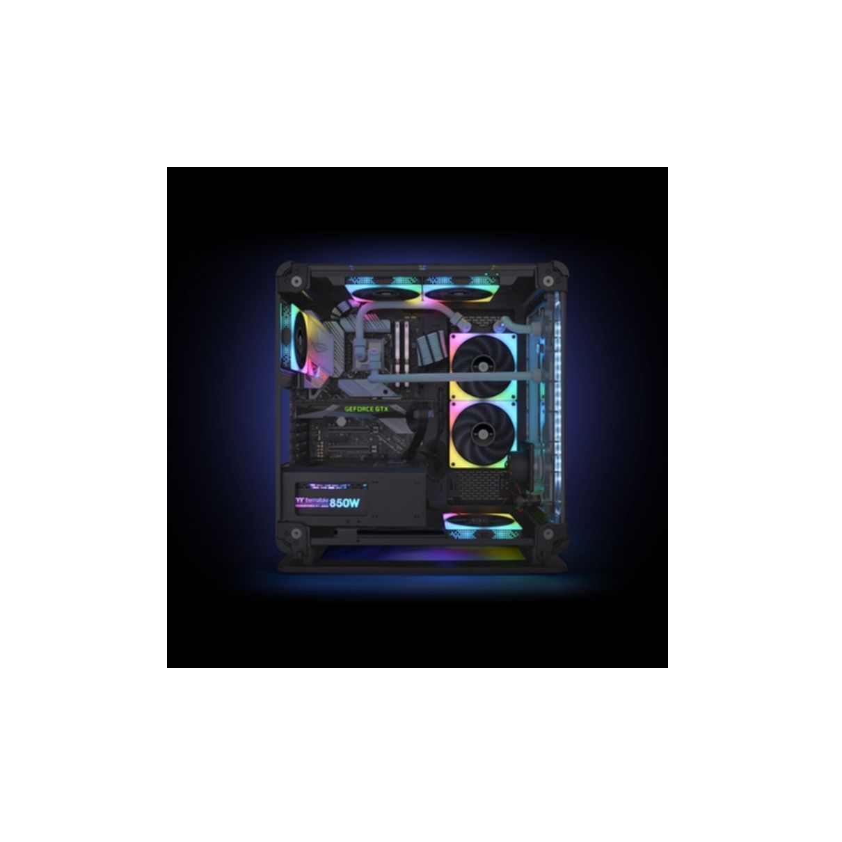 A computer case with colorful lights, showing internal components.