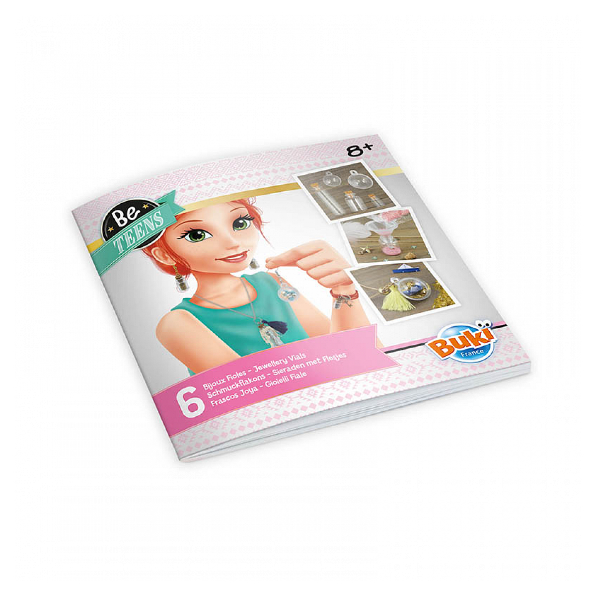 Broszura z dziewczyną na okładce trzymającą naszyjnik. Broszura dla nastolatków z projektami biżuterii.