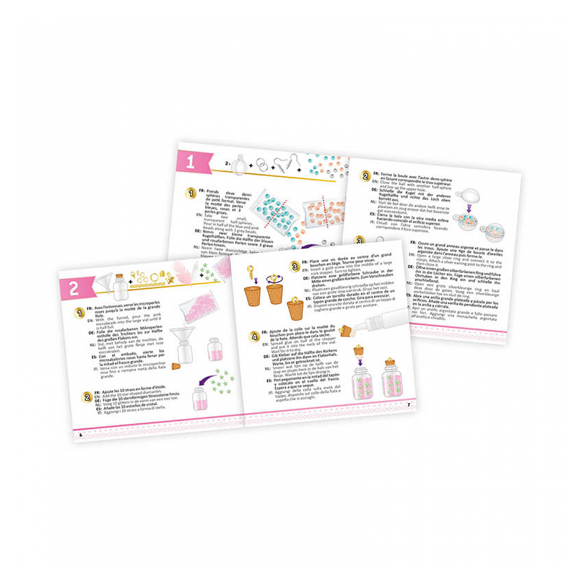 Strony z instrukcjami pokazujące etapy tworzenia, ze zdjęciami materiałów i gotowych prac rzemieślniczych na białym tle.