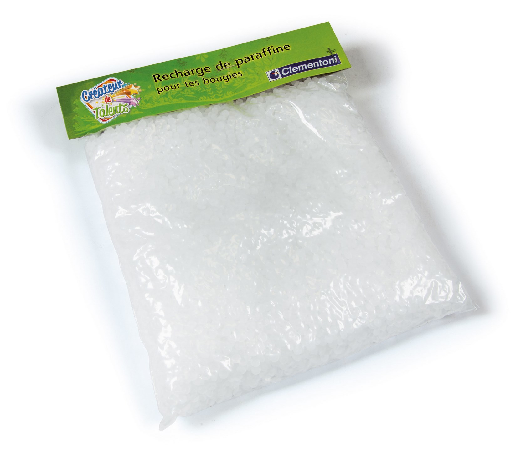 Worek wosku do świec. Ma zieloną etykietę i białe tło.