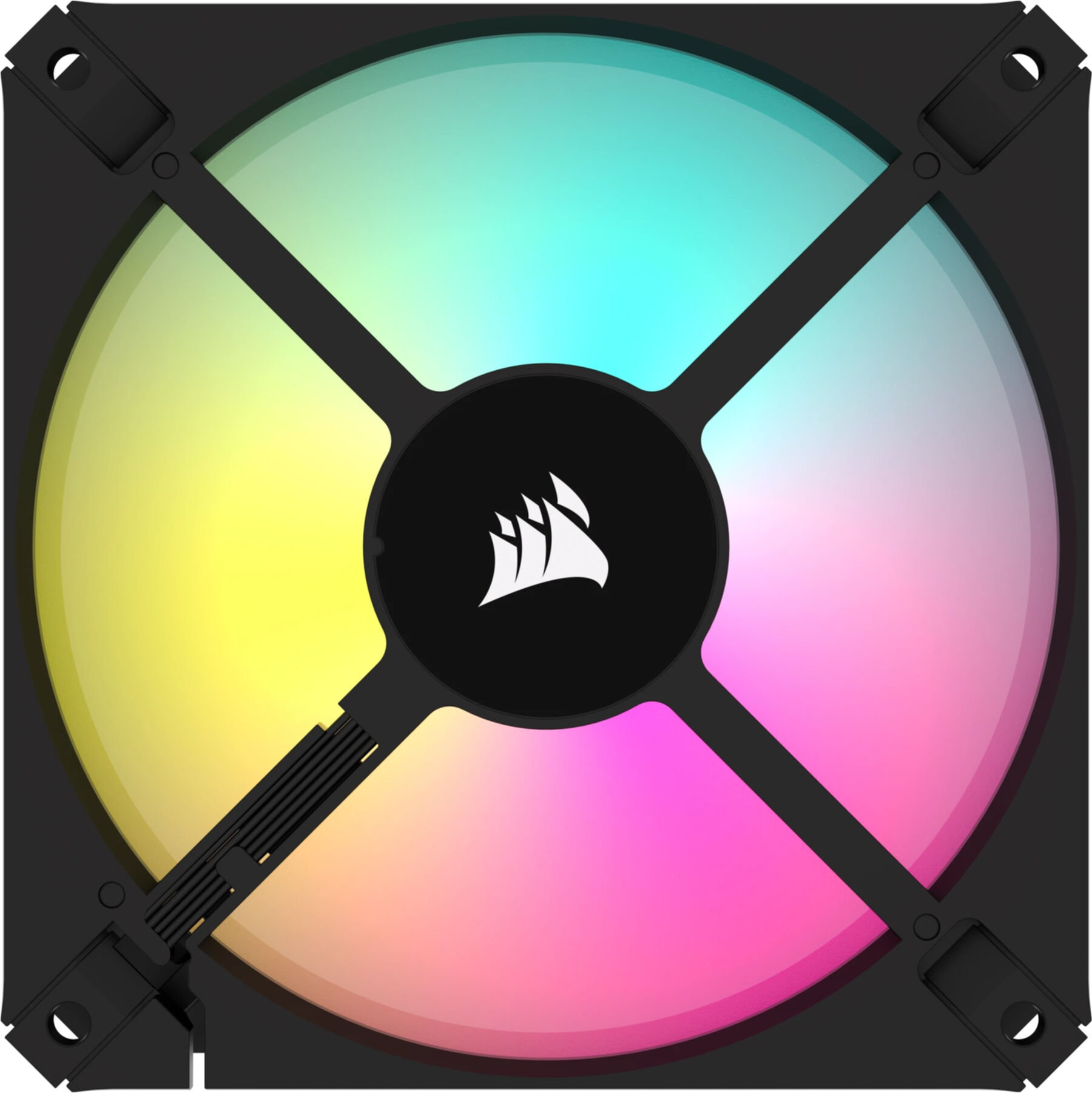 Black computer fan with colorful, rainbow-like blades. The center has a white logo.