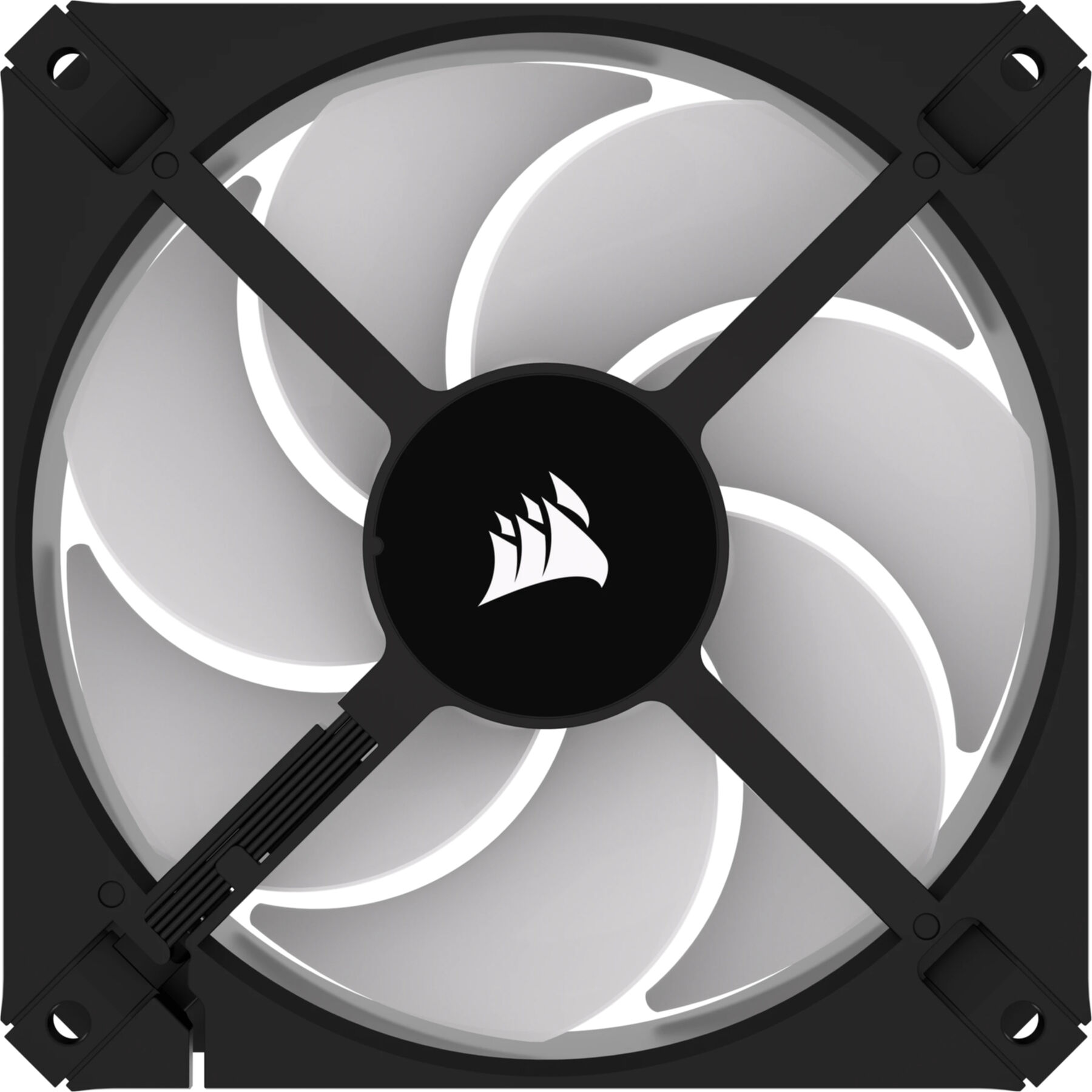 A computer fan with a black frame and white blades, positioned against a white background.