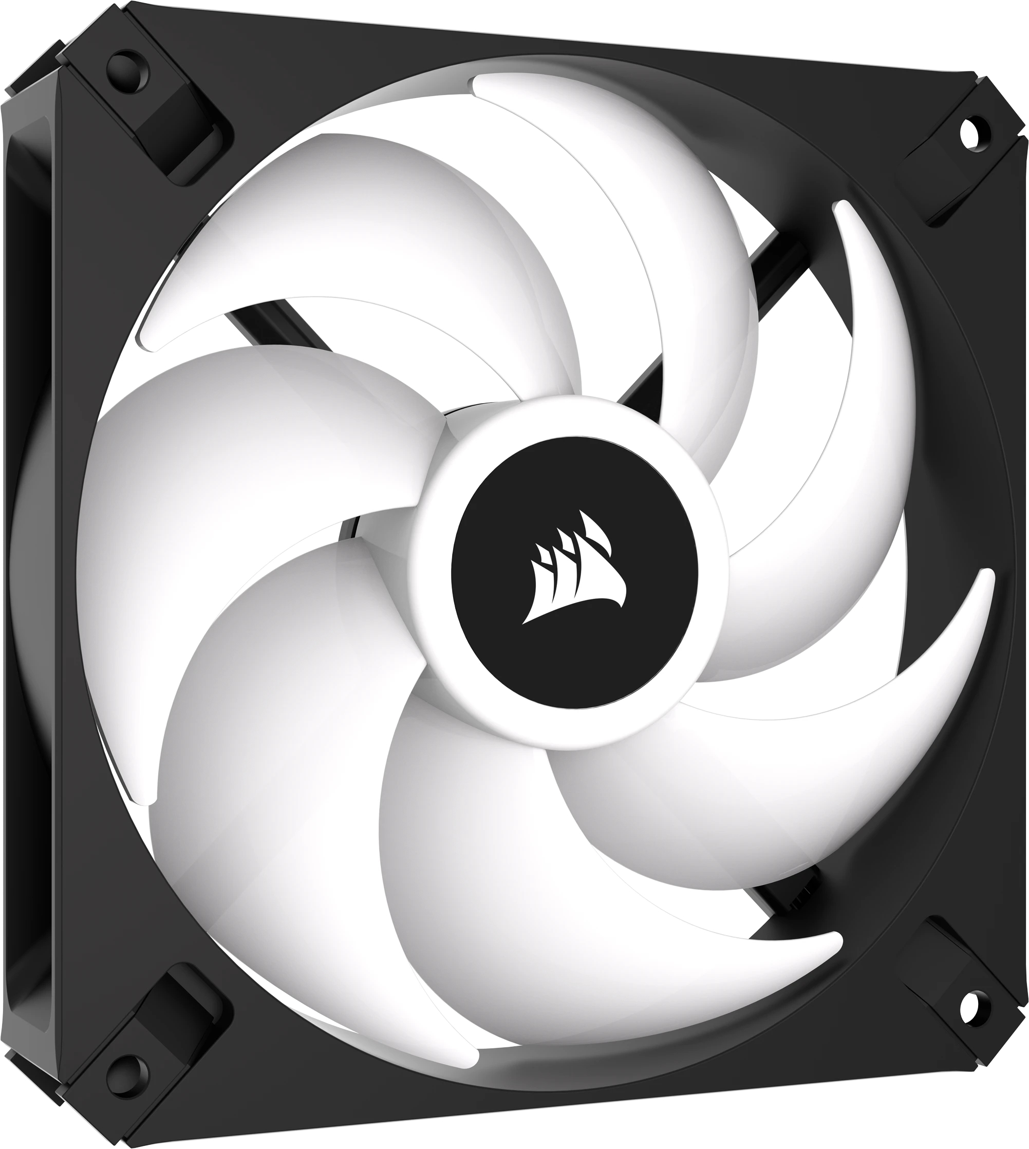 A computer fan with white blades and a black frame. The center has a logo.