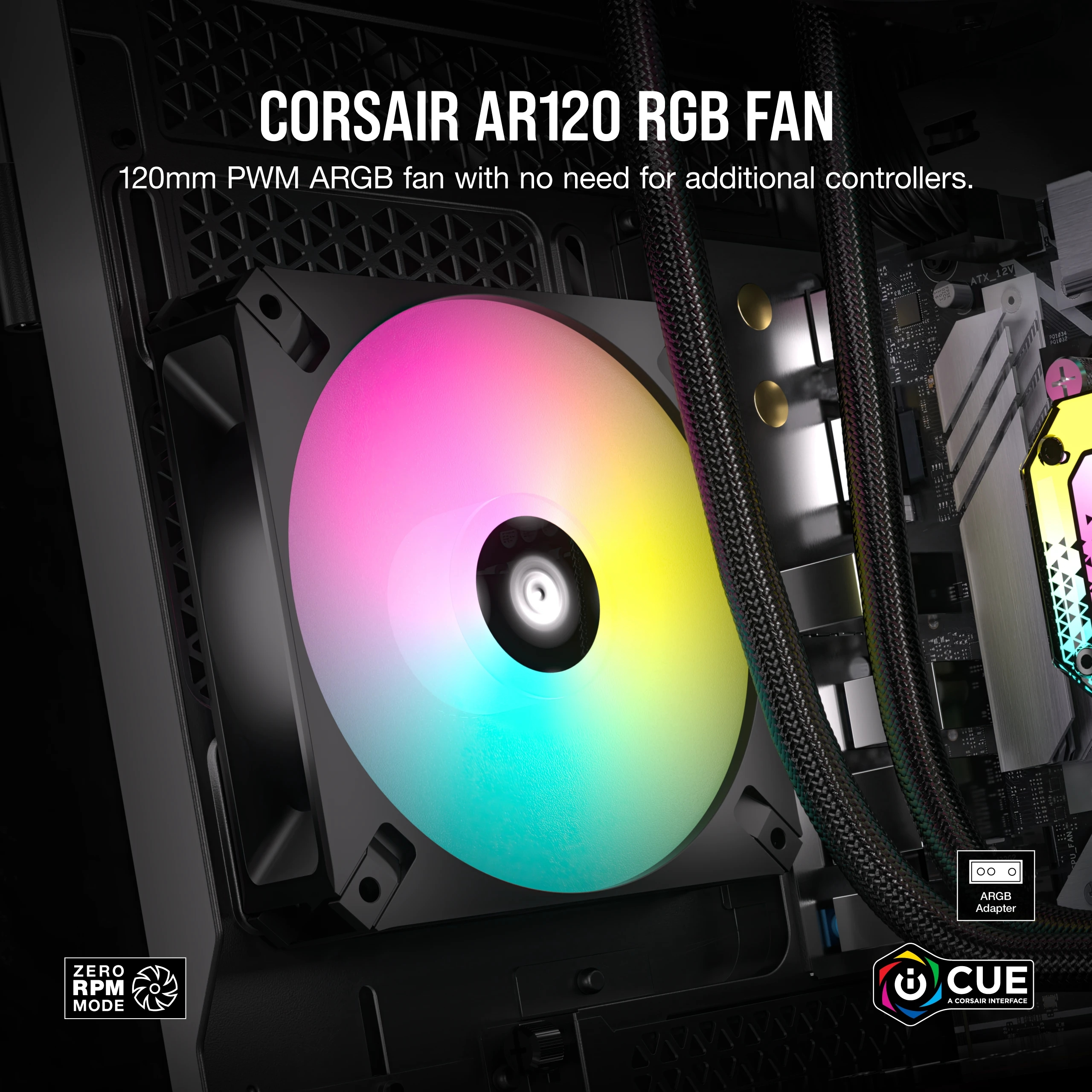 A computer fan with a colorful light display, inside a computer case. Text overlays.