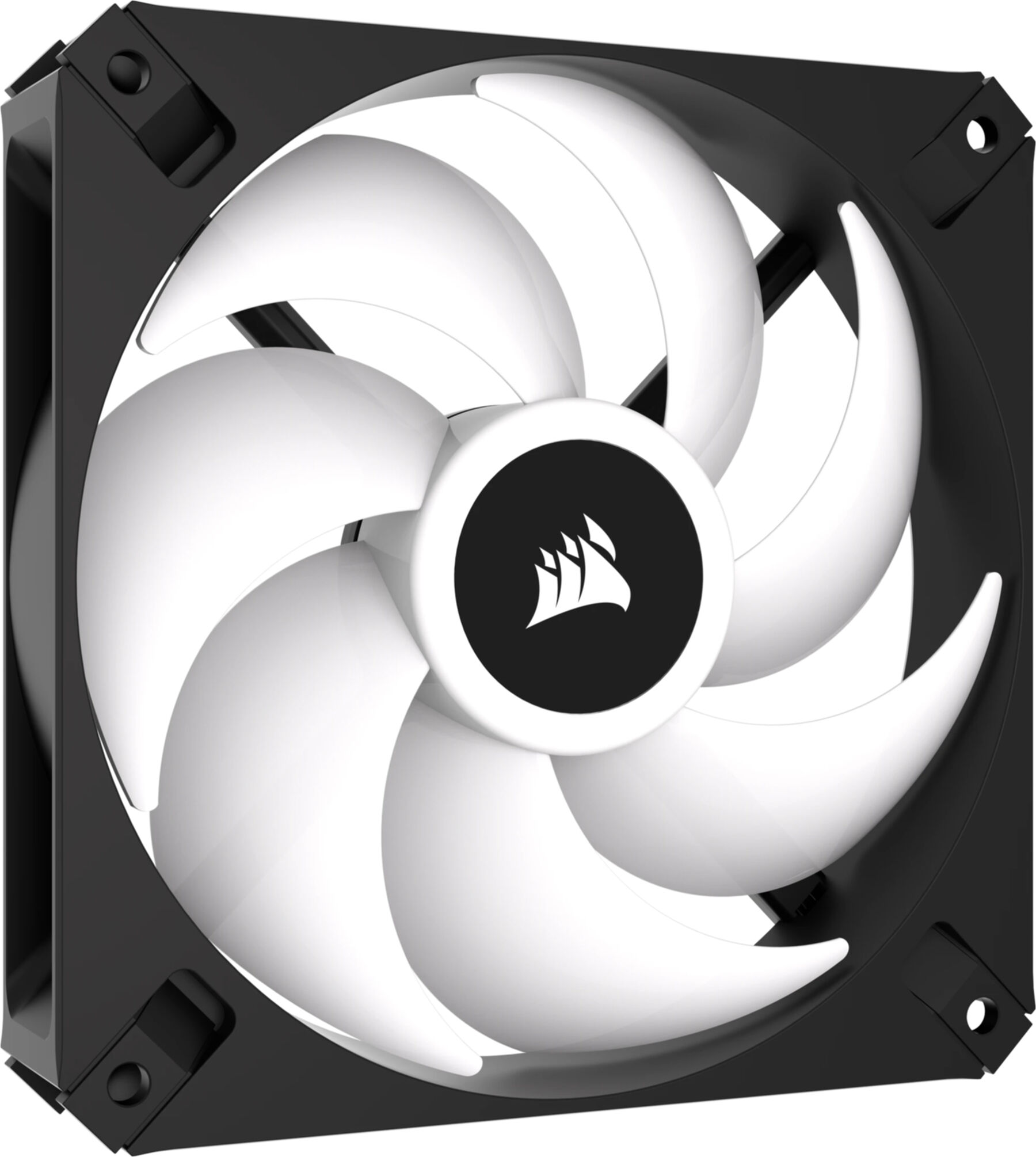 Black computer fan with white blades and a black center with a white logo. White background.