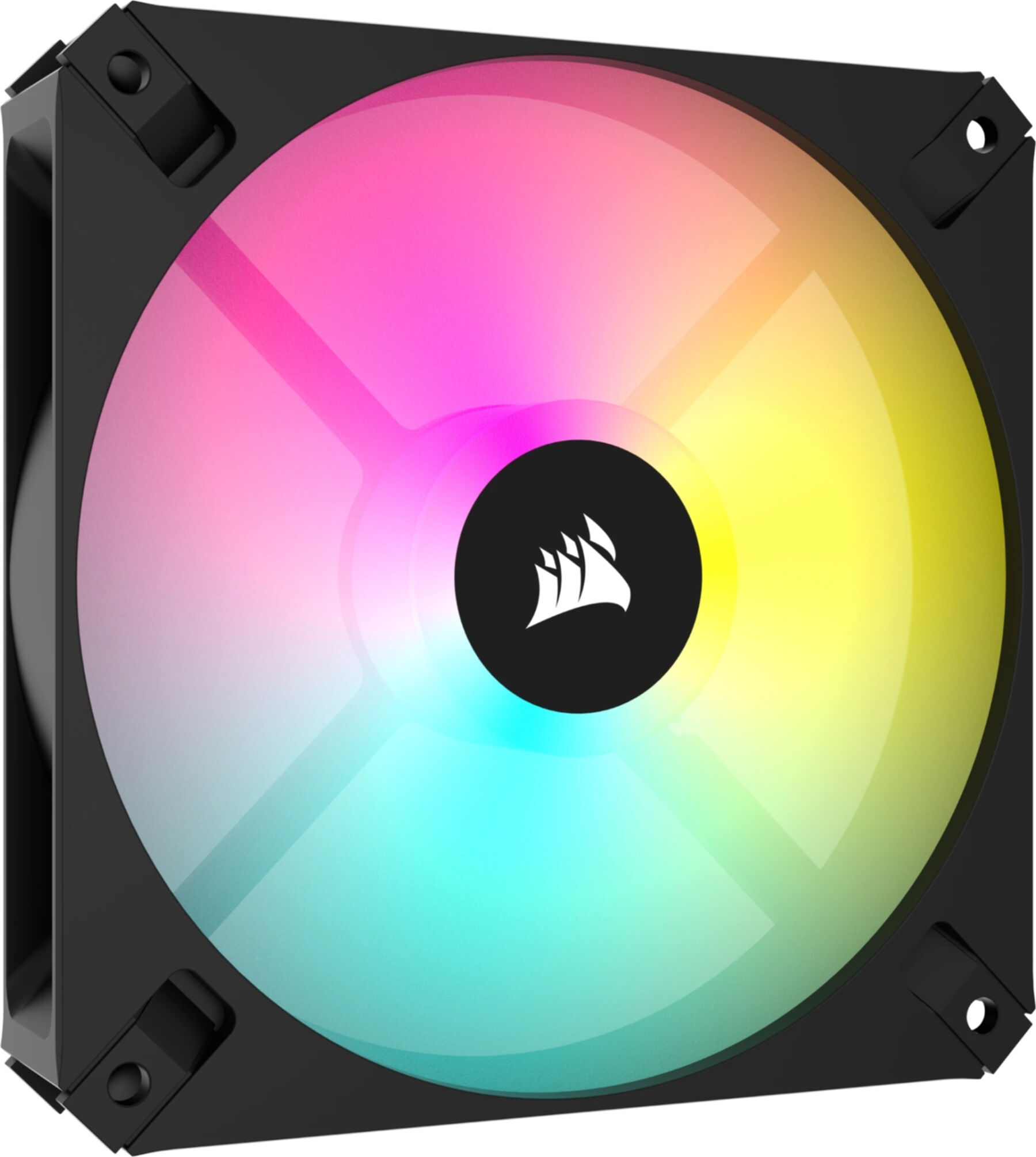 A computer fan with a colorful, gradient light display.