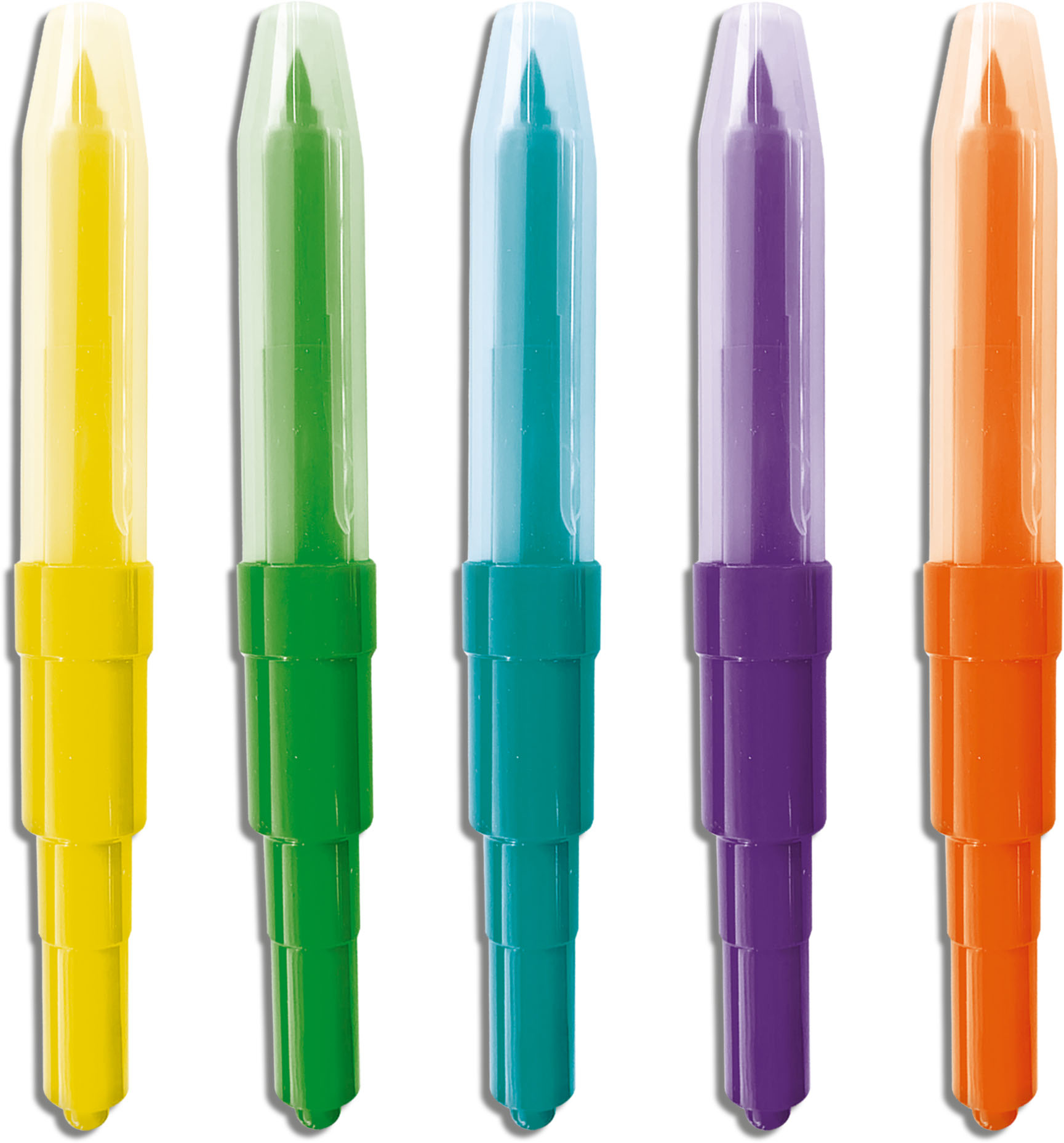 Pięć kolorowych markerów w rzędzie z przezroczystymi nasadkami. Kolory to żółty, zielony, turkusowy, fioletowy i pomarańczowy.