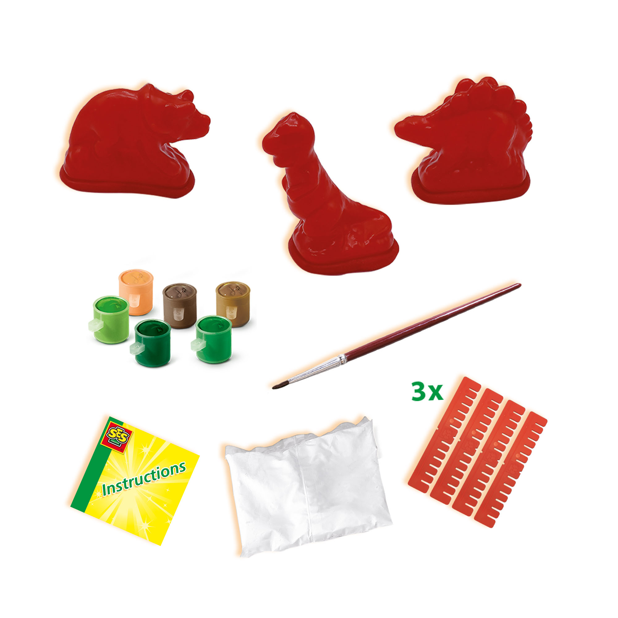 Zestaw rzemieślniczy z czerwonymi kształtami zwierząt, małymi słoiczkami z farbą, pędzlem, instrukcjami i szablonami.