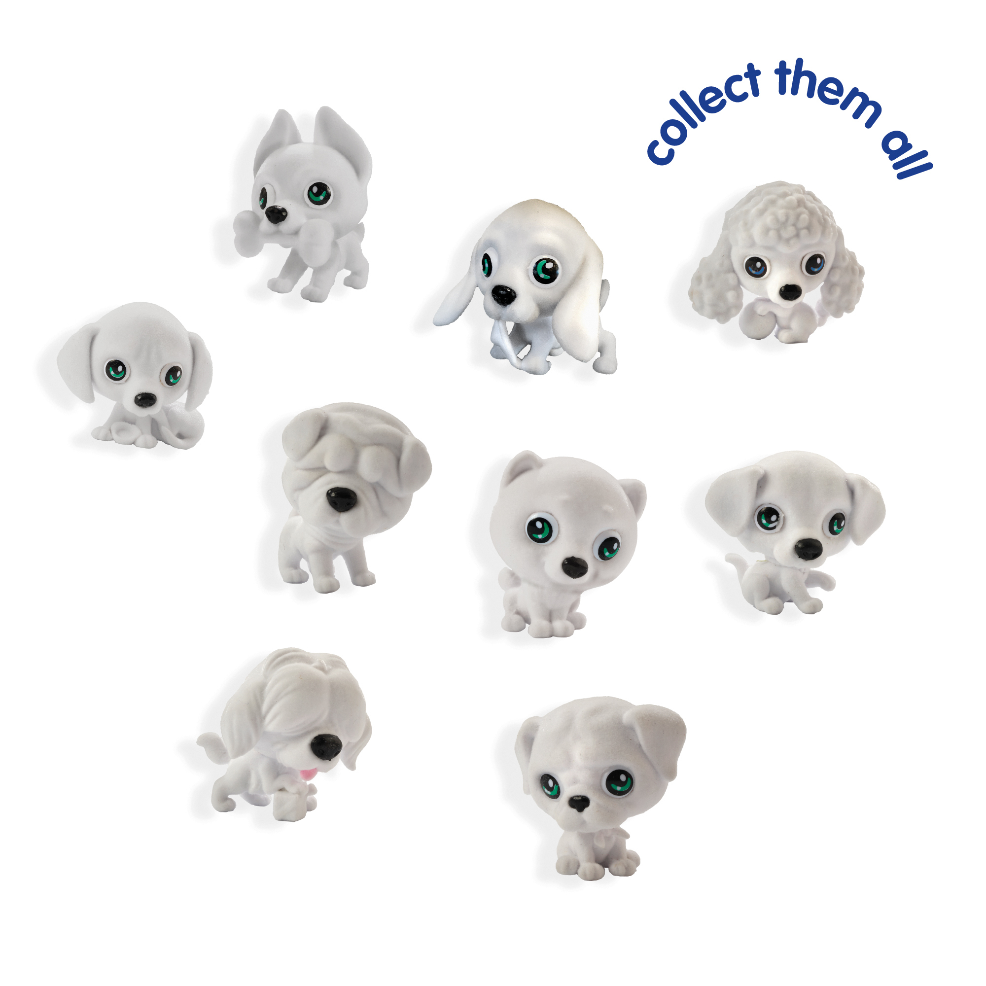 Białe figurki szczeniaków, różne pozy, na białym tle. Tekst: 'zbierz je wszystkie'.