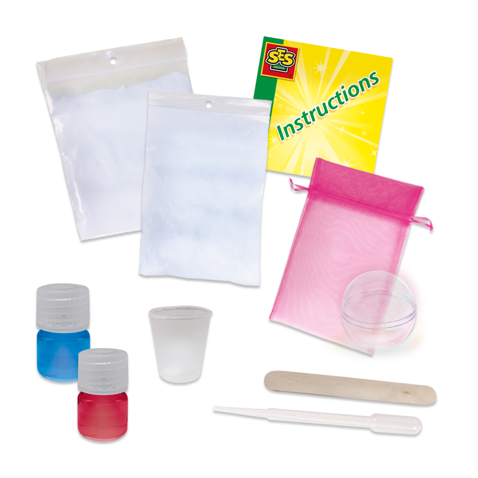 Zbliżenie elementów zestawu rzemieślniczego. Zawiera torebki z proszkiem, butelki z barwnikiem i kubek do mieszania.