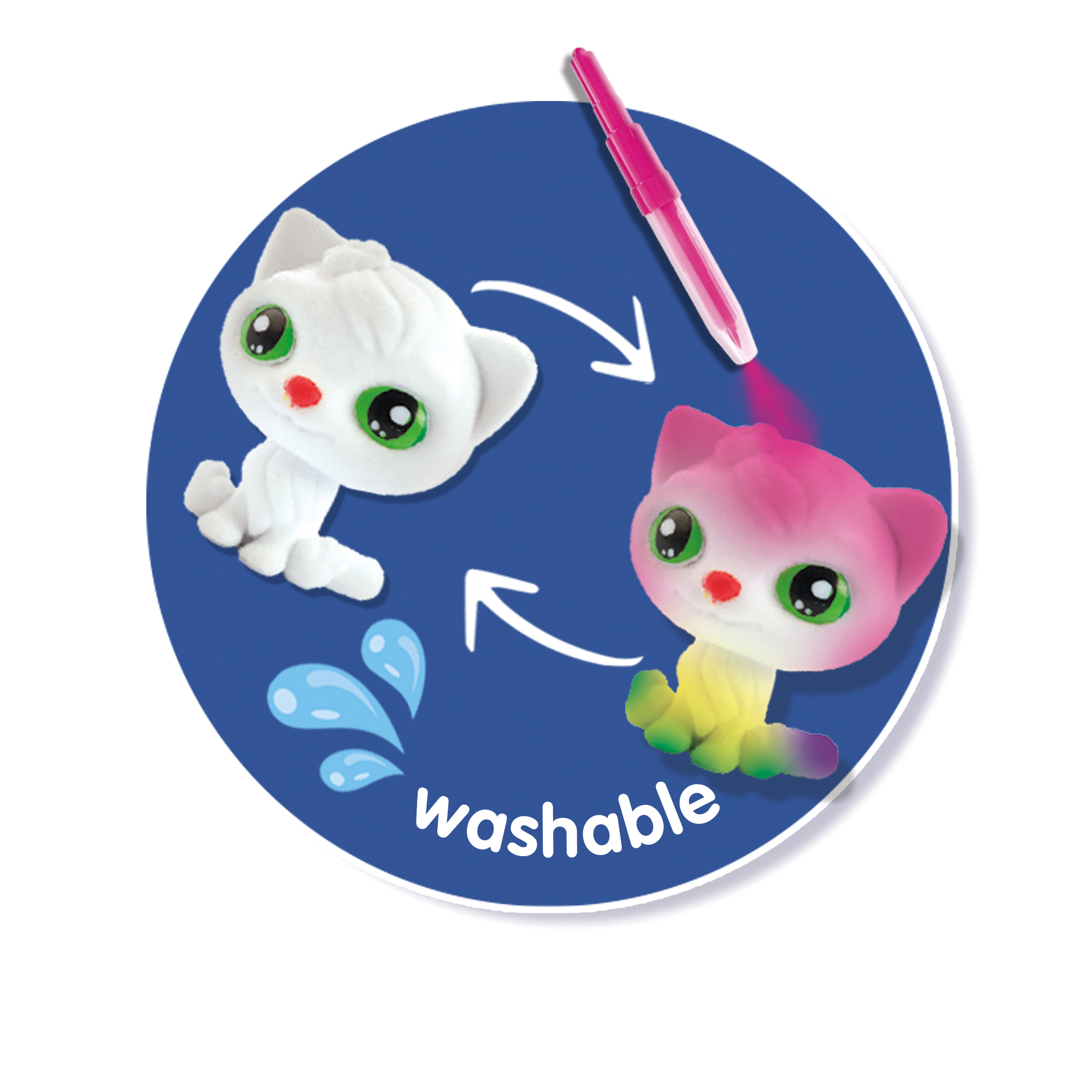 Dwie białe figurki kota z różowym sprayem i różowym pisakiem na niebieskim tle.