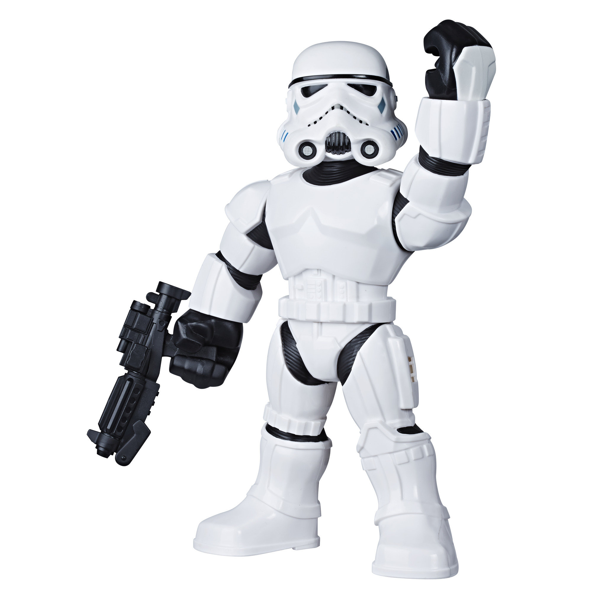 Figura de acción de Stormtrooper con bláster, con armadura blanca y detalles negros, de pie.