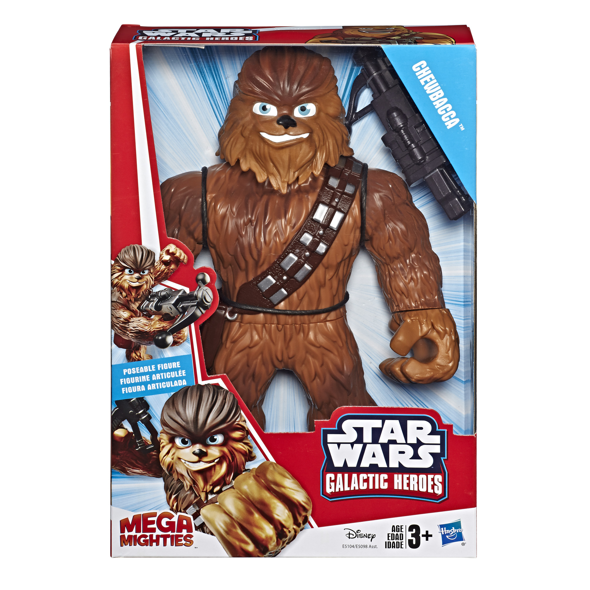 Juguete de Chewbacca en caja. Pelo marrón, pistola negra y cinturón. Logo "Star Wars Galactic Heroes".