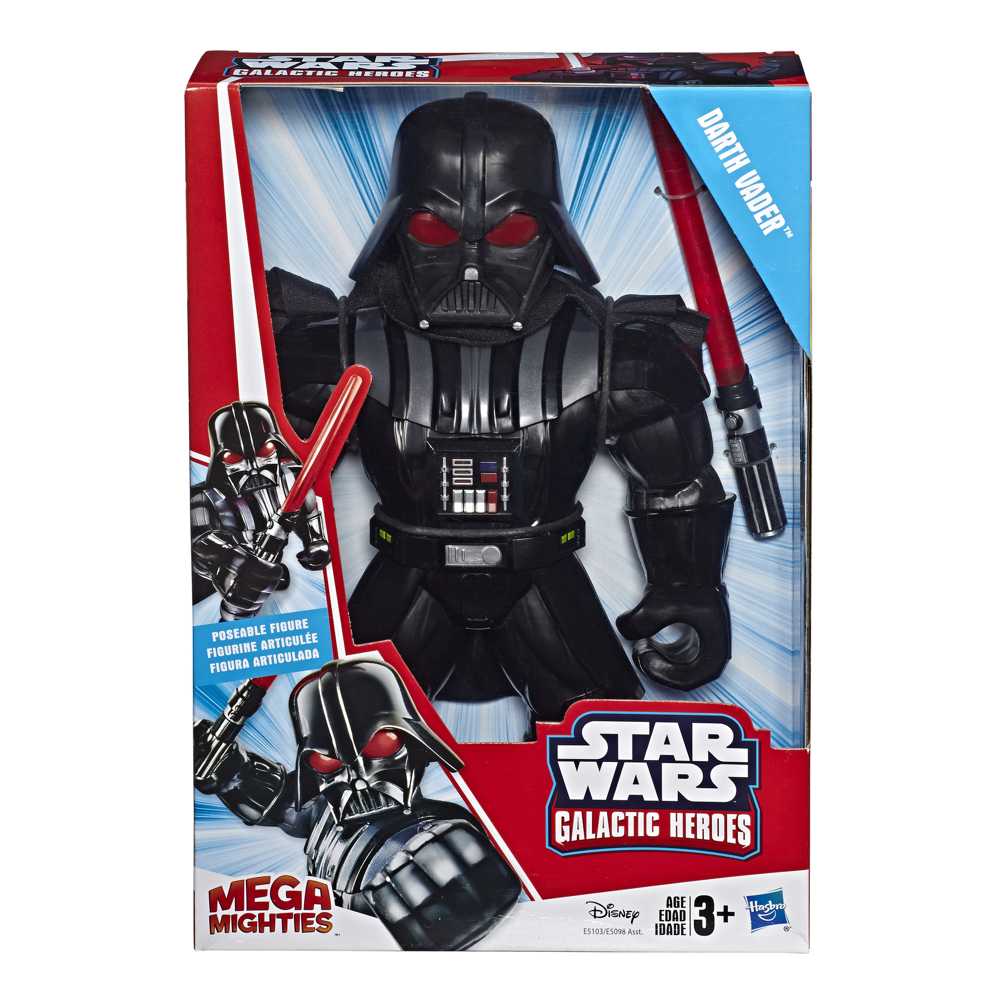 Juguete de Darth Vader en una caja, con un sable de luz rojo y el logo de Star Wars Galactic Heroes.