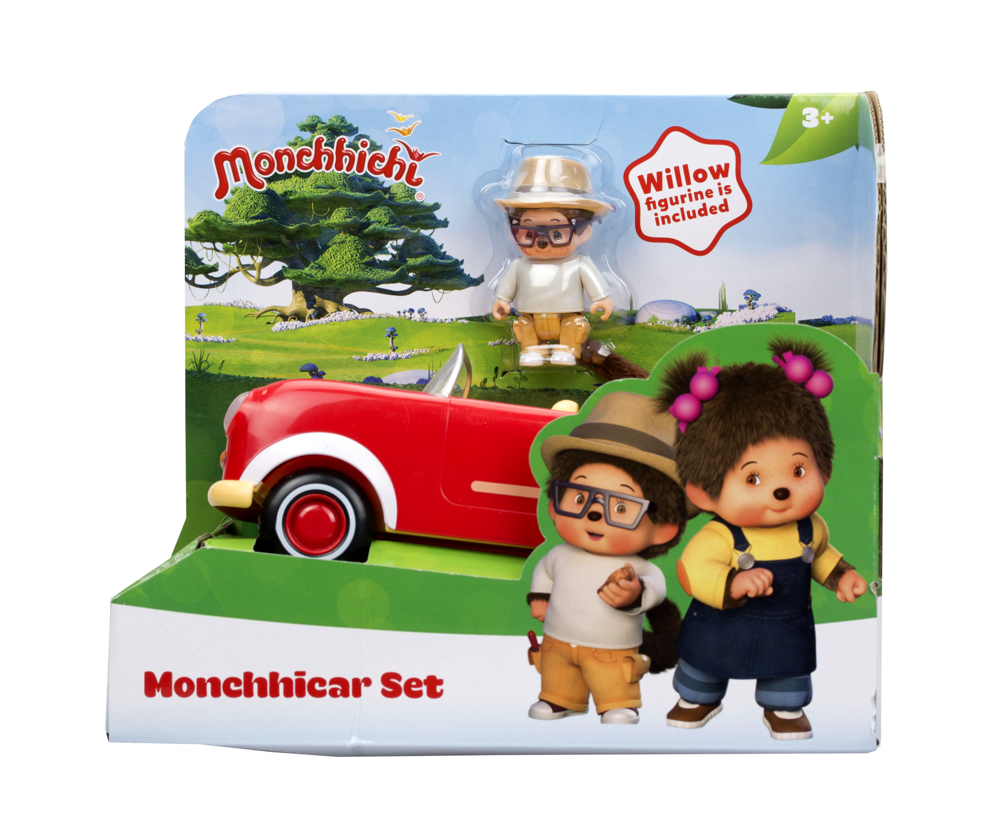 Un juego de juguetes Monchhichi con un coche rojo y dos figuras en una caja, una con sombrero.