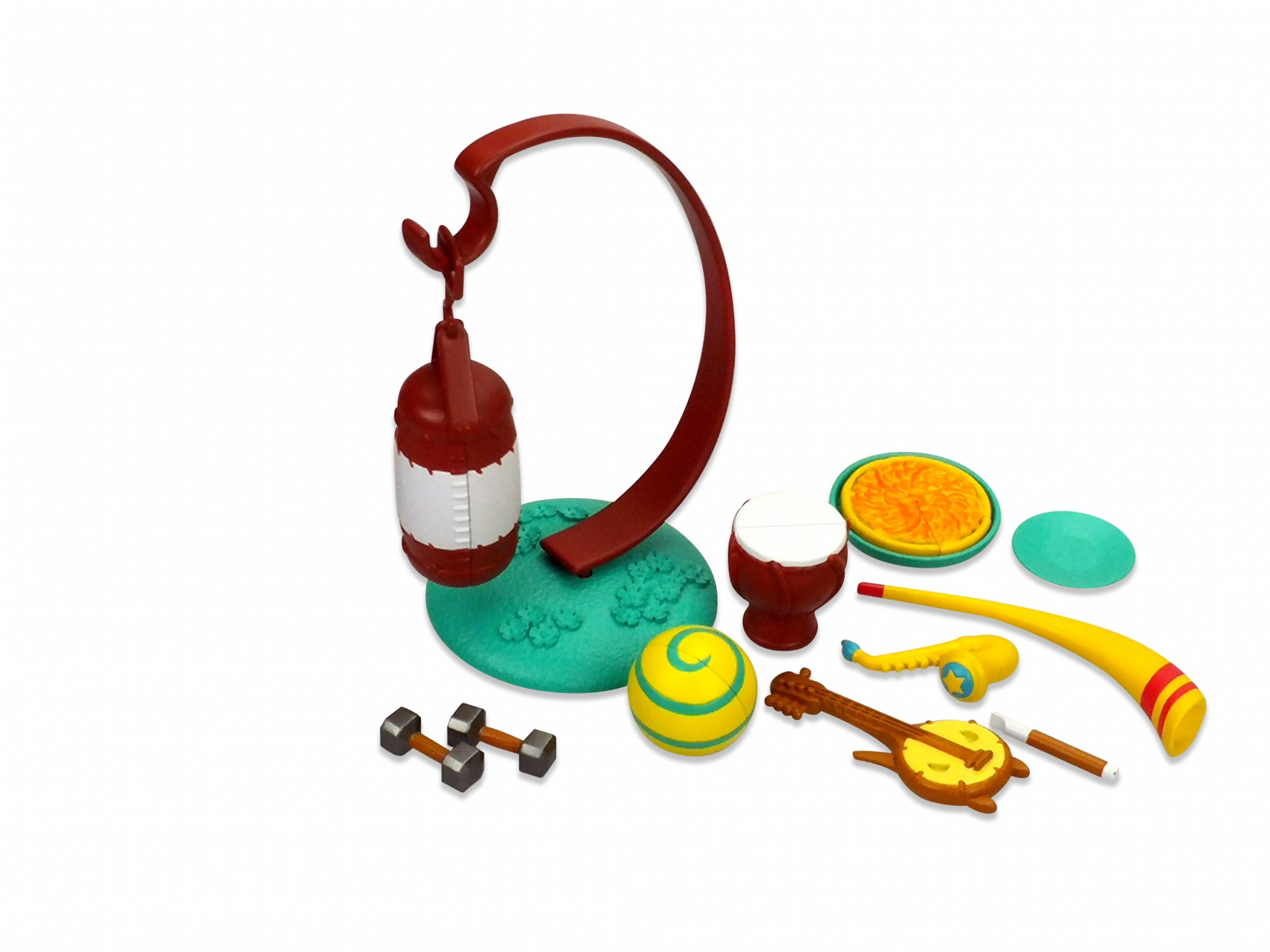 Kolekcja miniaturowych zabawek i akcesoriów, w tym worek treningowy, hantle i instrumenty muzyczne.