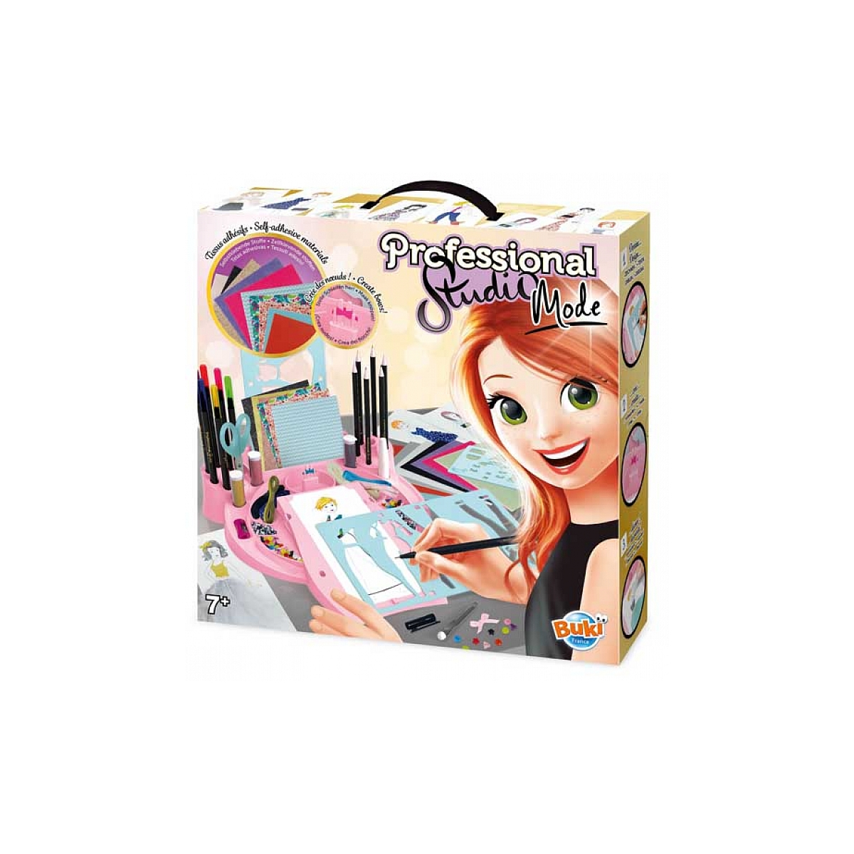 Zabawka w pudełku z dziewczynką z kreskówki z przodu. To zestaw artystyczny do studia, z materiałami do rysowania i malowania.