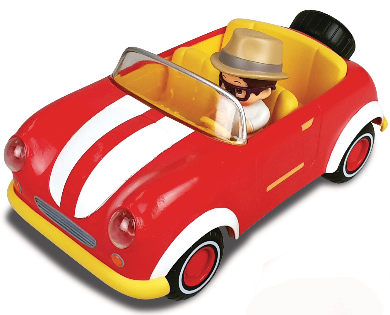 Un coche de juguete rojo con rayas blancas, una figura dentro y un interior amarillo, contra un fondo blanco.