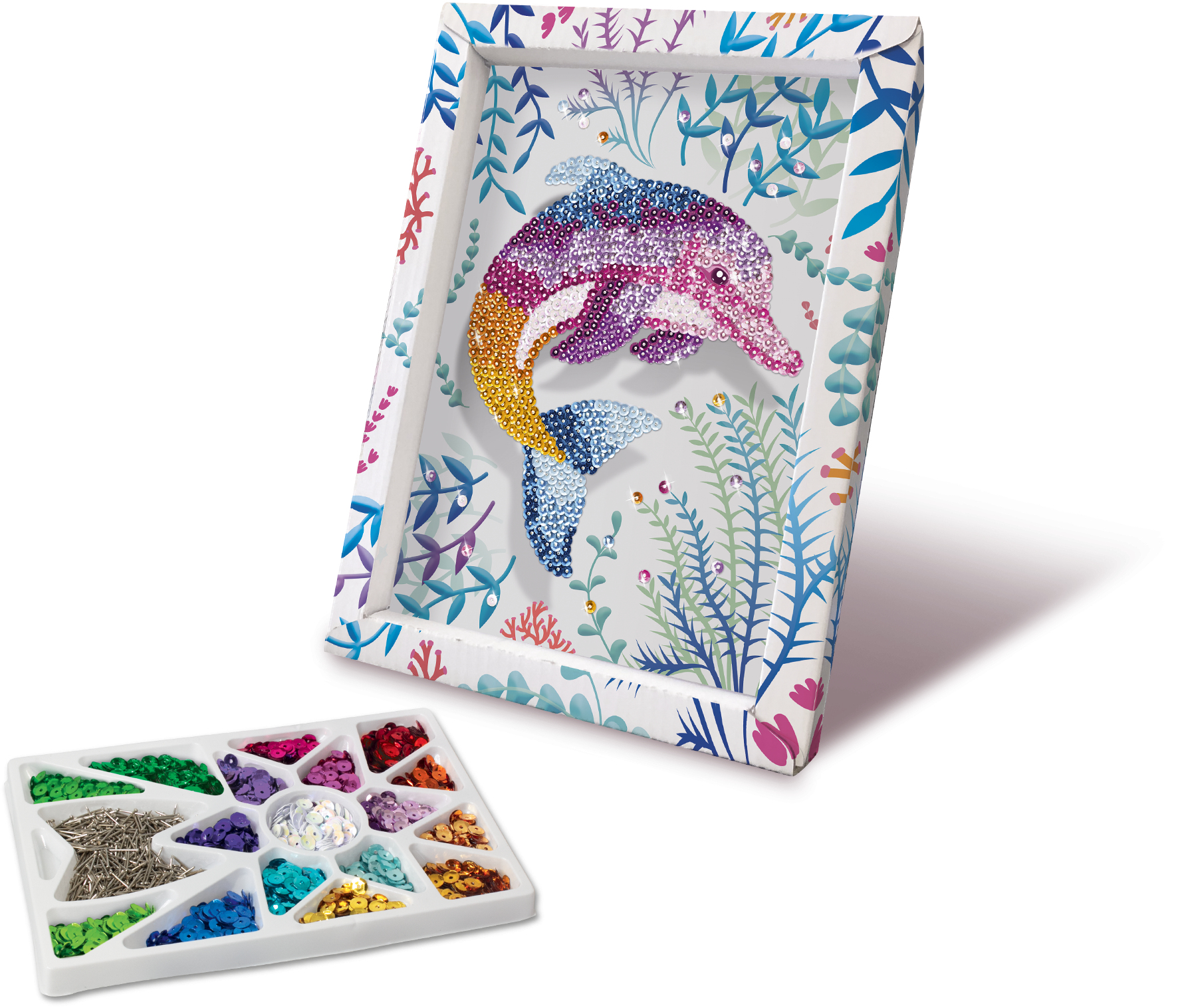 Oprawione dzieło sztuki z cekinowym delfinem w scenie morskiej oraz taca z cekinami i materiałami.