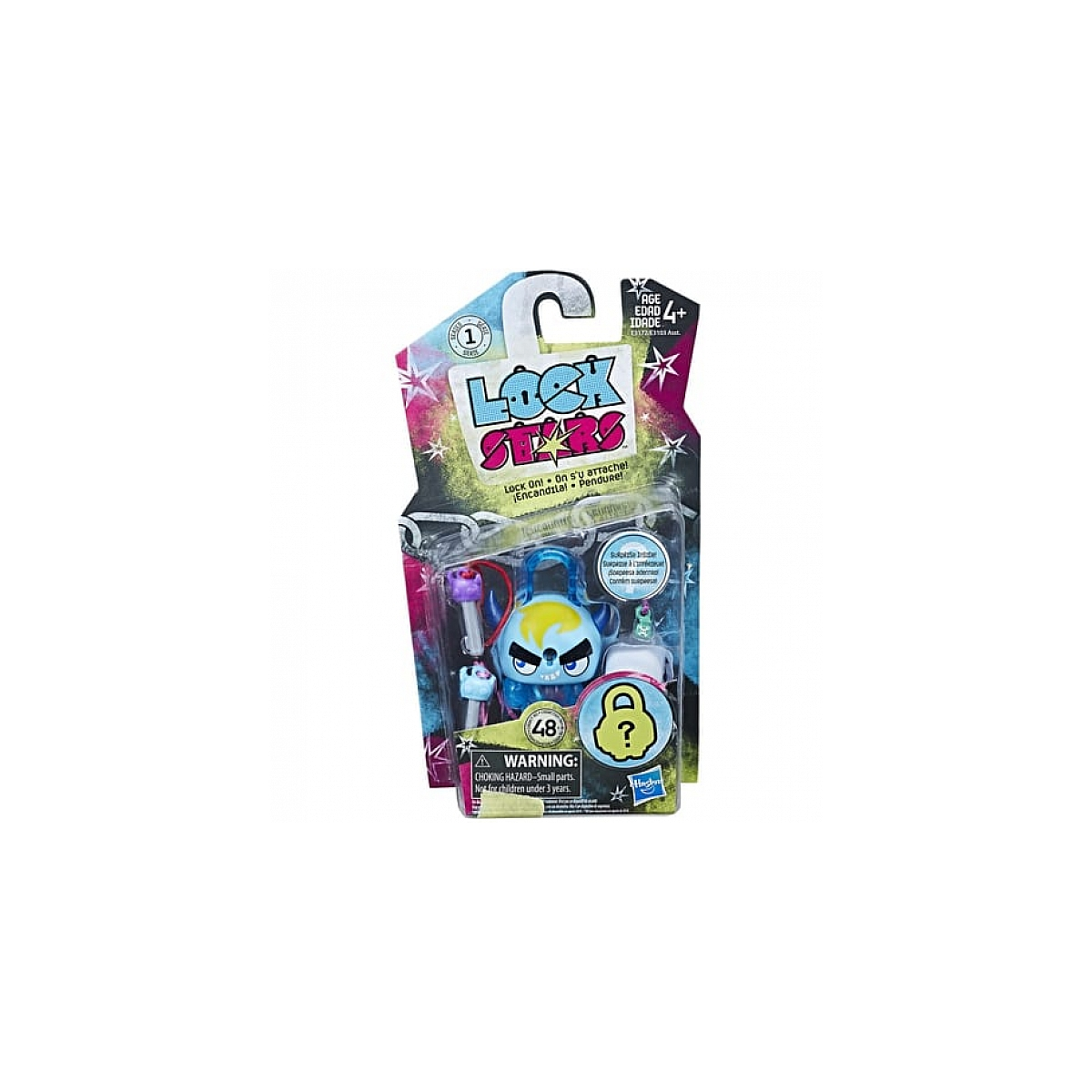 Confezione di giocattoli Lock Stars. Si tratta di un lucchetto a forma di cactus con chiavi, un punto interrogativo e altri accessori.