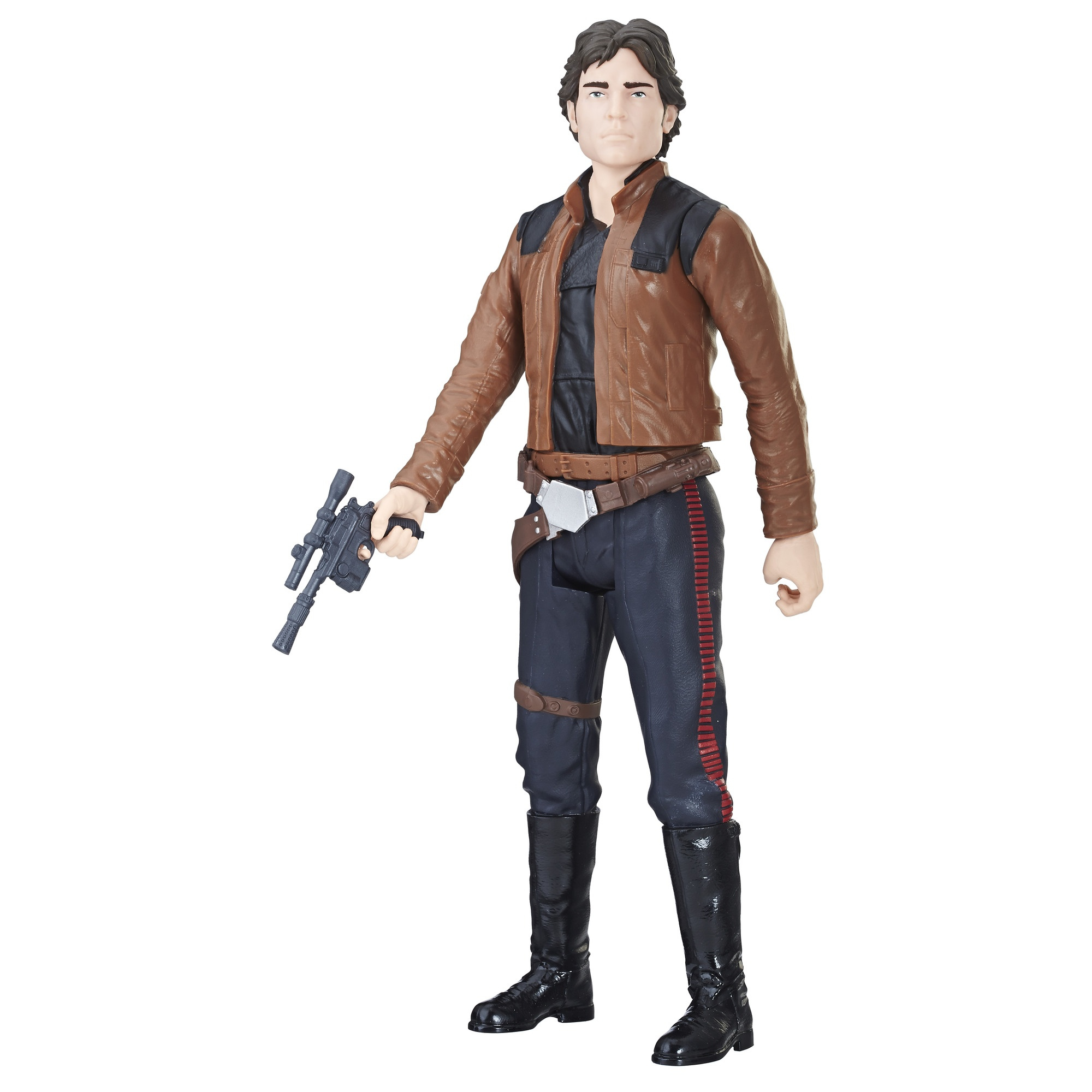 Action figure di Han Solo. Giacca marrone, pantaloni e stivali neri, che tiene una pistola.