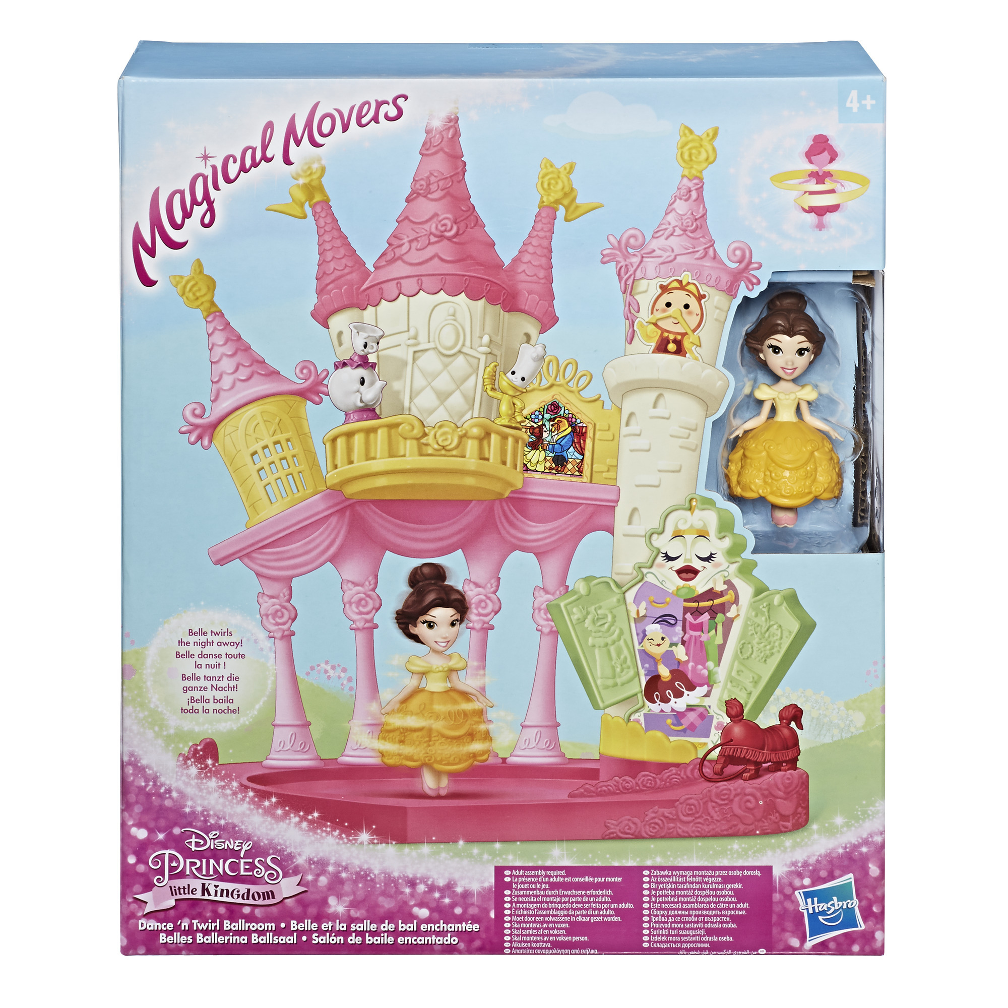 Set scatola del playset Disney Princess Little Kingdom. Include la figura di Belle in abito giallo. Castello rosa.