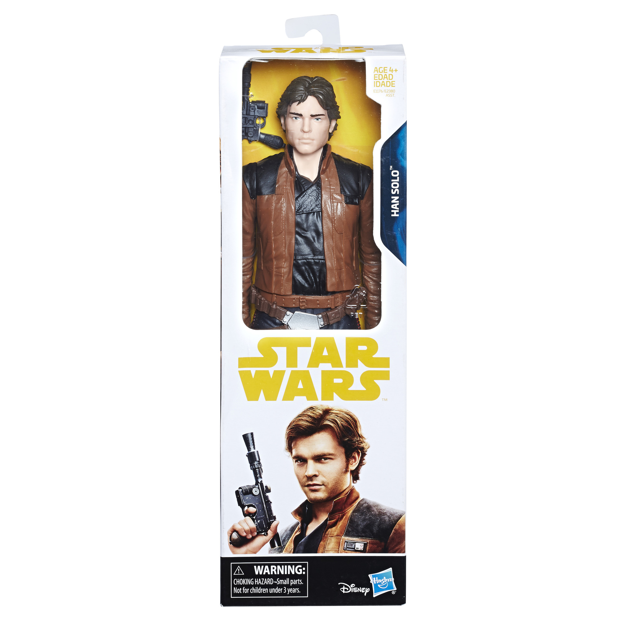 Action figure di Han Solo in una scatola. Giacca marrone, che tiene una pistola. Logo Star Wars.