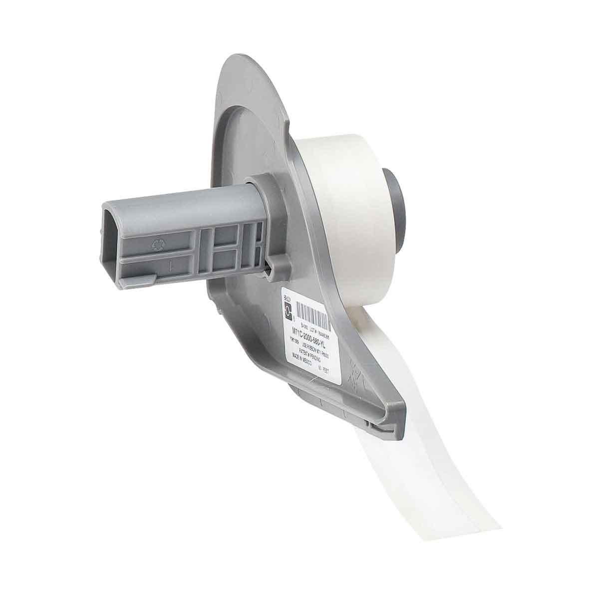 Un dispenser per nastro etichette in grigio. Il nastro è bianco. È una vista laterale.