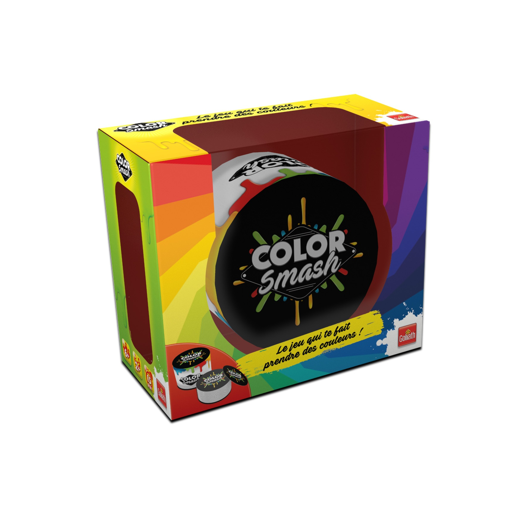 Ein Color Smash-Spiel in seiner Box. Die Box hat ein Regenbogen-Design. Weißer Hintergrund.