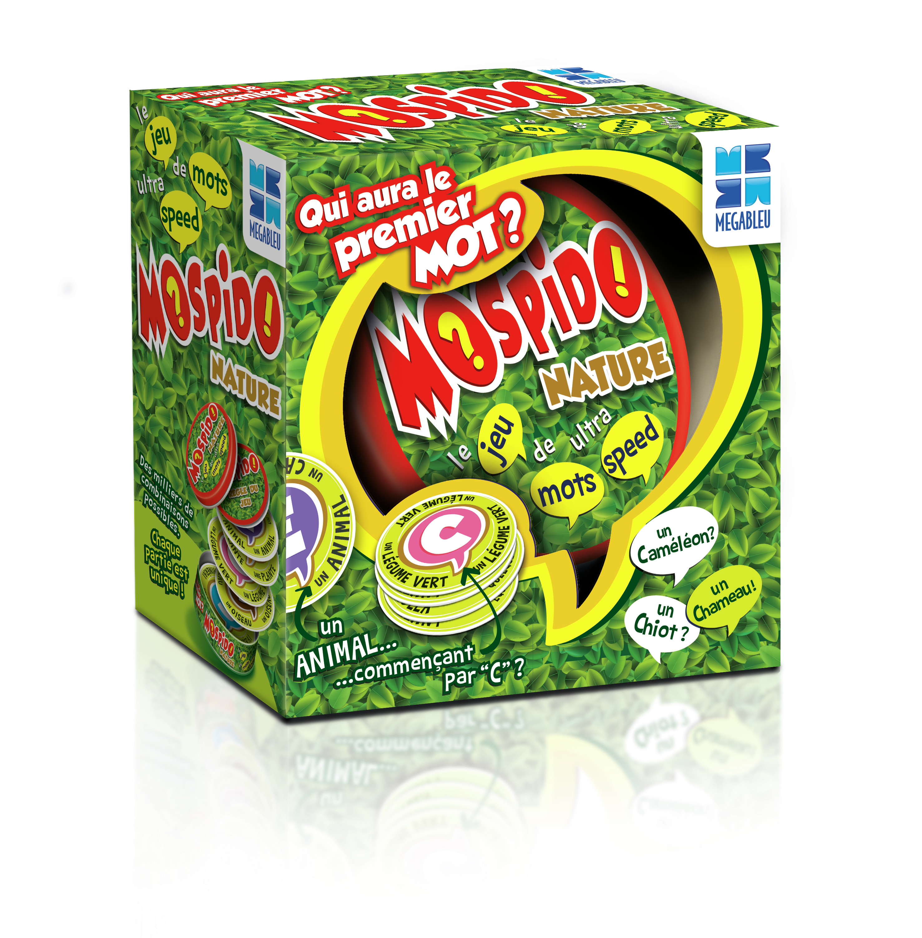 Schachtel mit dem Spiel Mospido Nature. Grüne Schachtel mit Blattdesign. Text in Rot und Gelb.