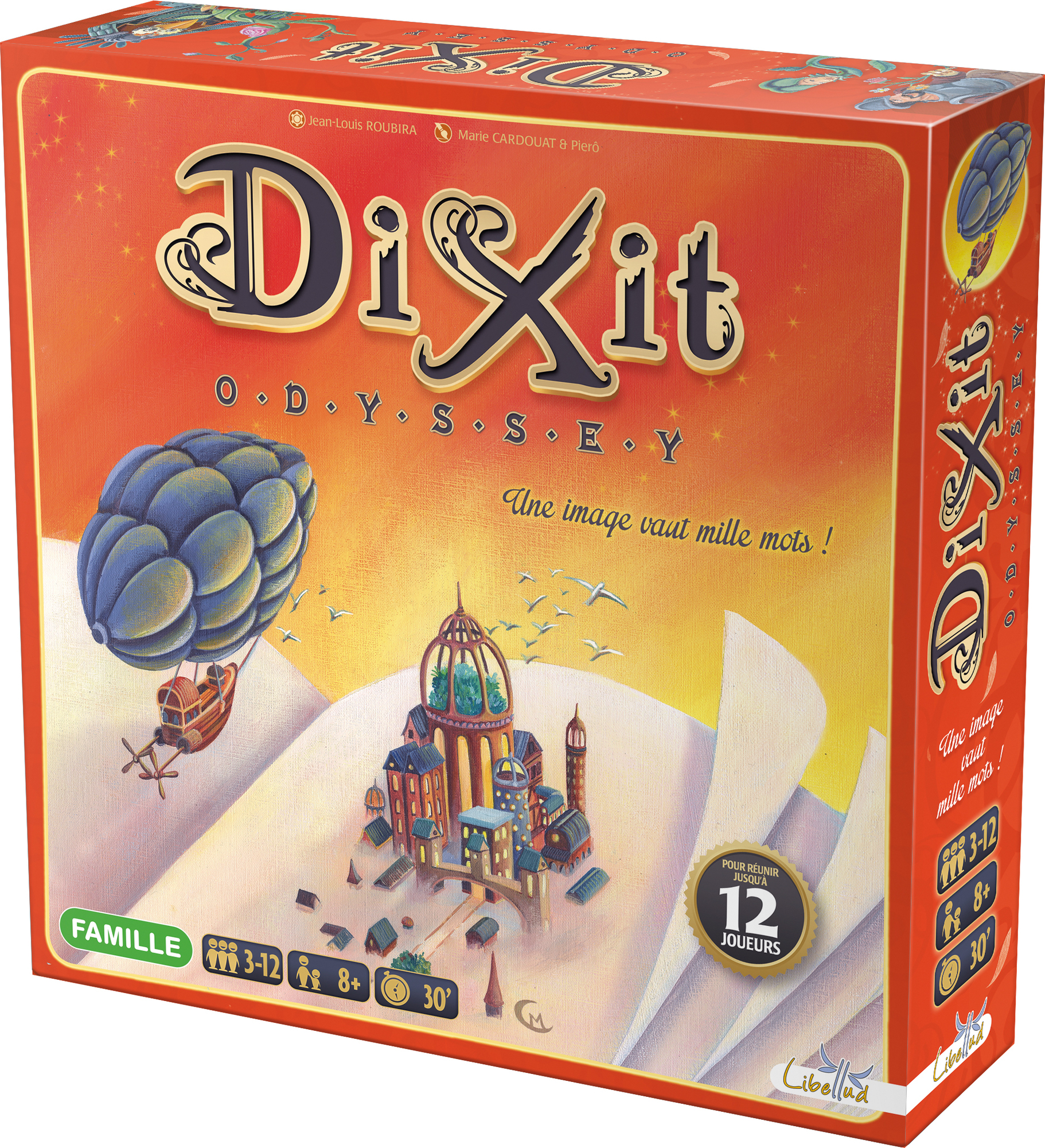Dixit Odyssey Brettspielbox. Zeigt einen Heißluftballon, ein Schloss und verschiedene Spielelemente.