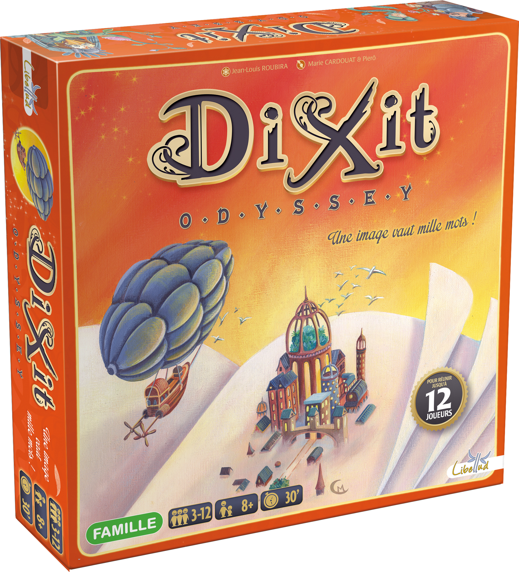 Dixit-Brettspielbox. Oranger Hintergrund, Illustration eines Luftschiffs, Gebäude und der Titel des Spiels.