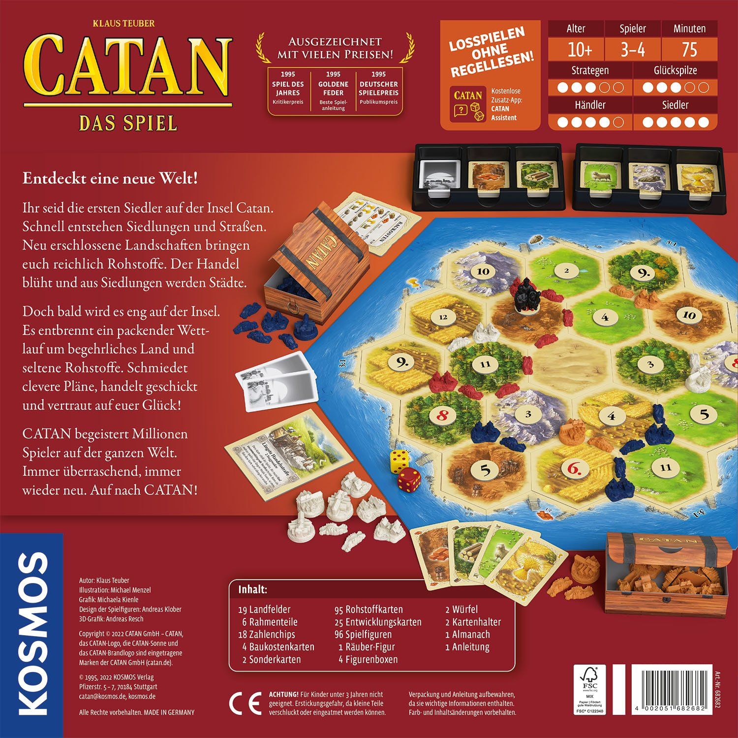 Catan Brettspielbox. Zeigt Spielbrett, Rohstoffkarten, Würfel und Spielsteine.