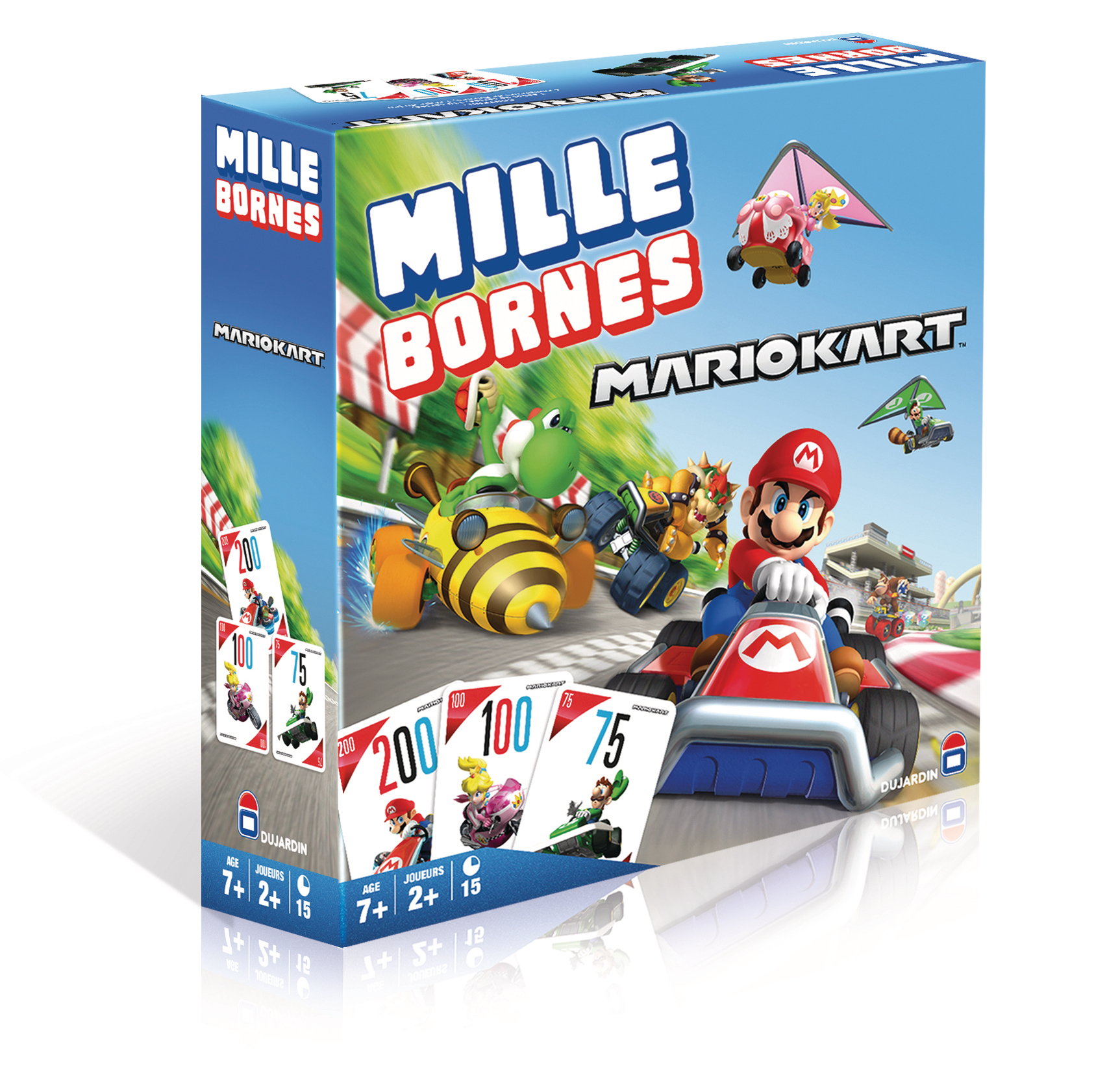 Pudełko Mille Bornes Mariokart. Przedstawia Mario i inne postacie na torze wyścigowym.