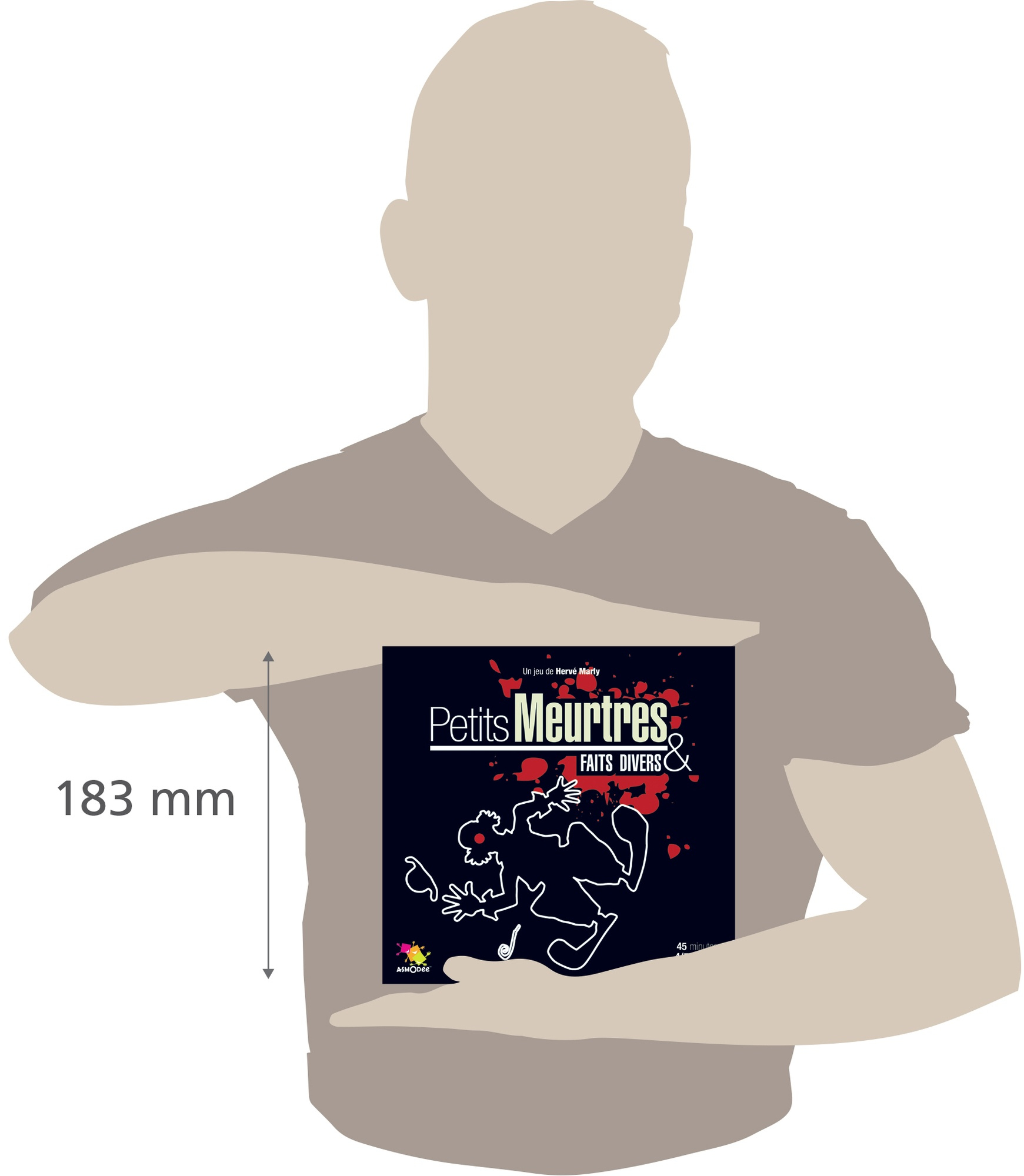 Eine Person hält eine Spielbox. Die Box hat einen schwarzen Deckel mit einem blutbespritzten Design.