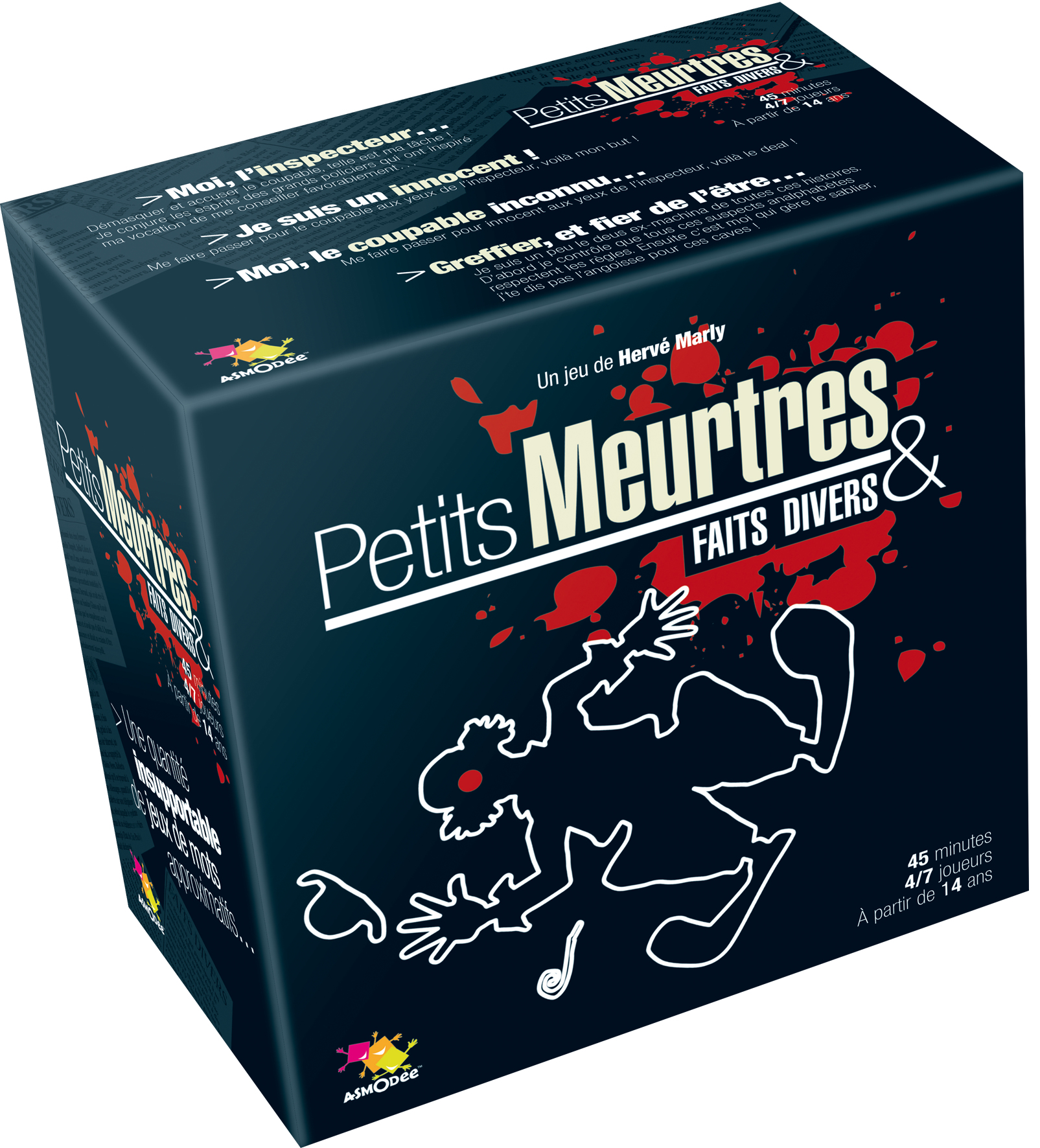 Petits Meurtres & Faits Divers-Spielbox, dunkelblau mit Cartoon-Illustration.