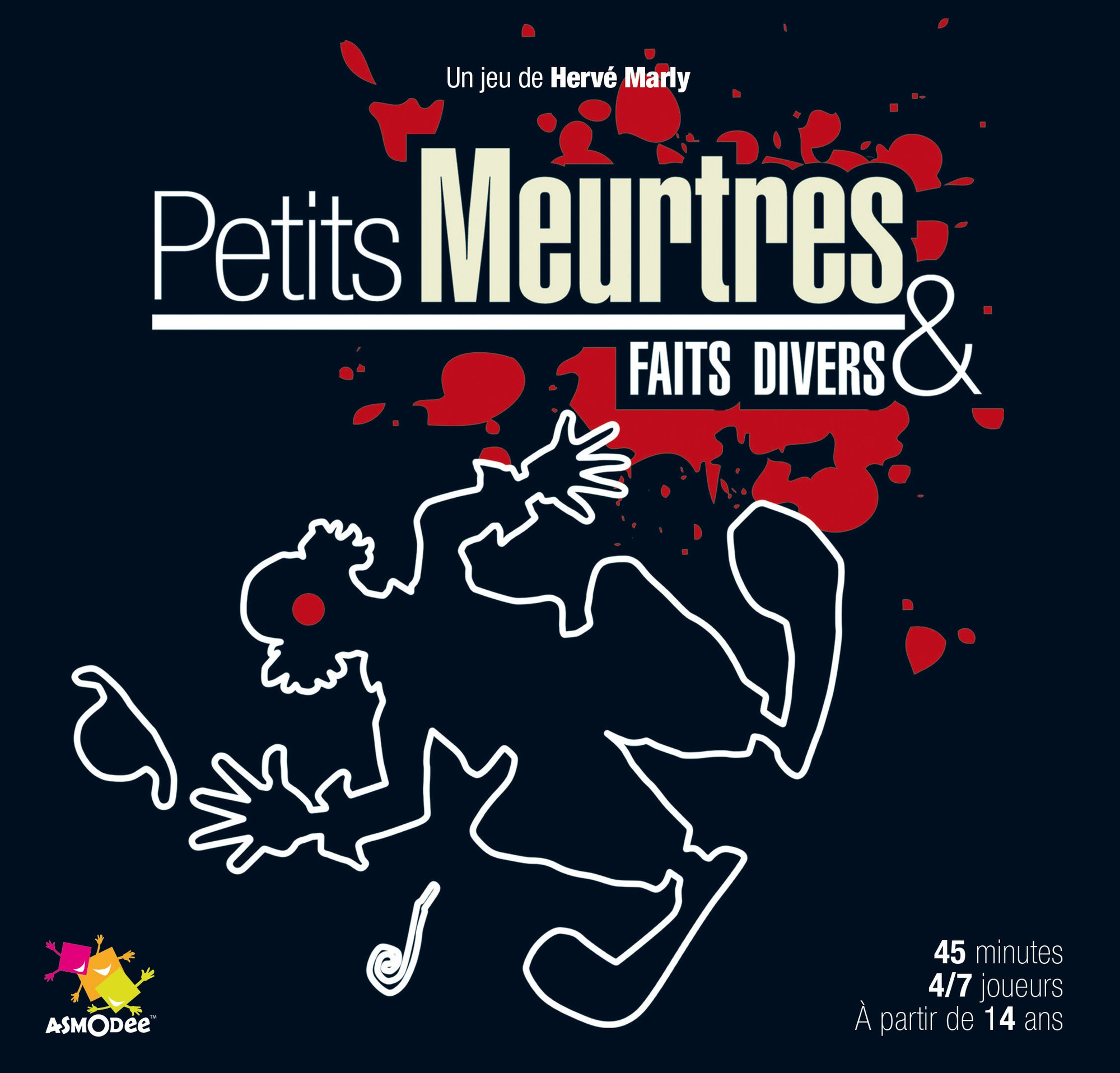 Petits Meurtres & Faits Divers Spielbox, dunkelblau mit weißer Illustration.