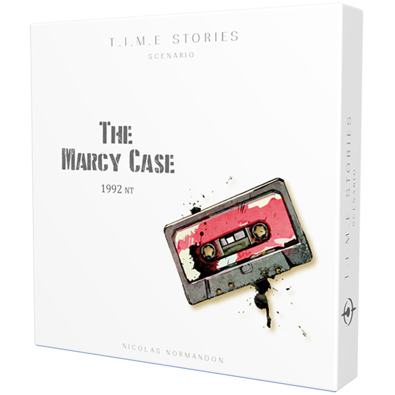 T.I.M.E Stories Spielbox, mit dem Titel "The Marcy Case". Auf der weißen Box ist eine Kassette abgebildet.