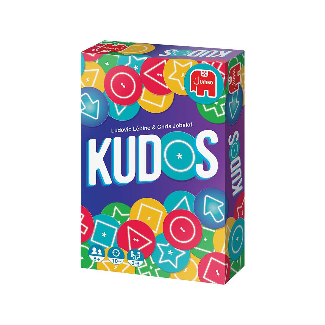 Kudos-Spielbox. Bunte Formen und Text auf lila Hintergrund.