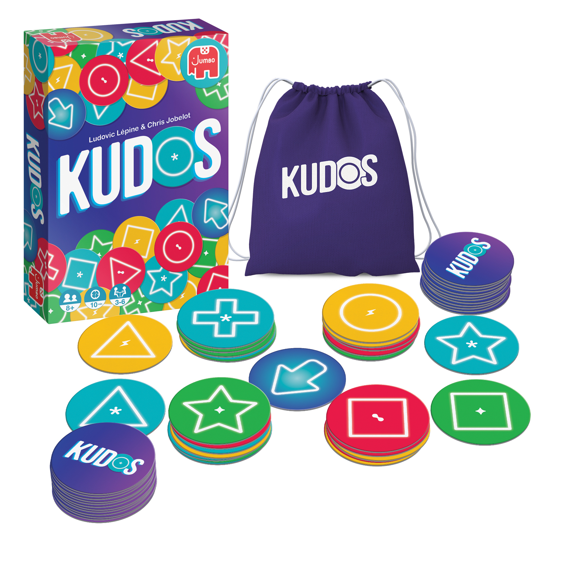 Kudos-Spielbox, Tasche und bunte Spielsteine mit Formen. Auf der Box steht Kudos. Die Tasche ist lila.