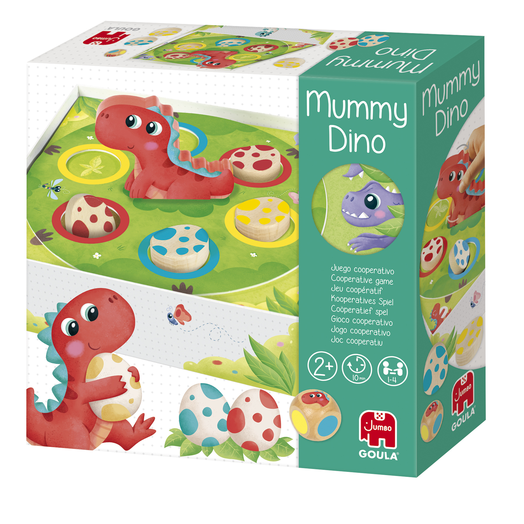 Pudełko gry Mummy Dino z czerwonym dinozaurem i elementami.