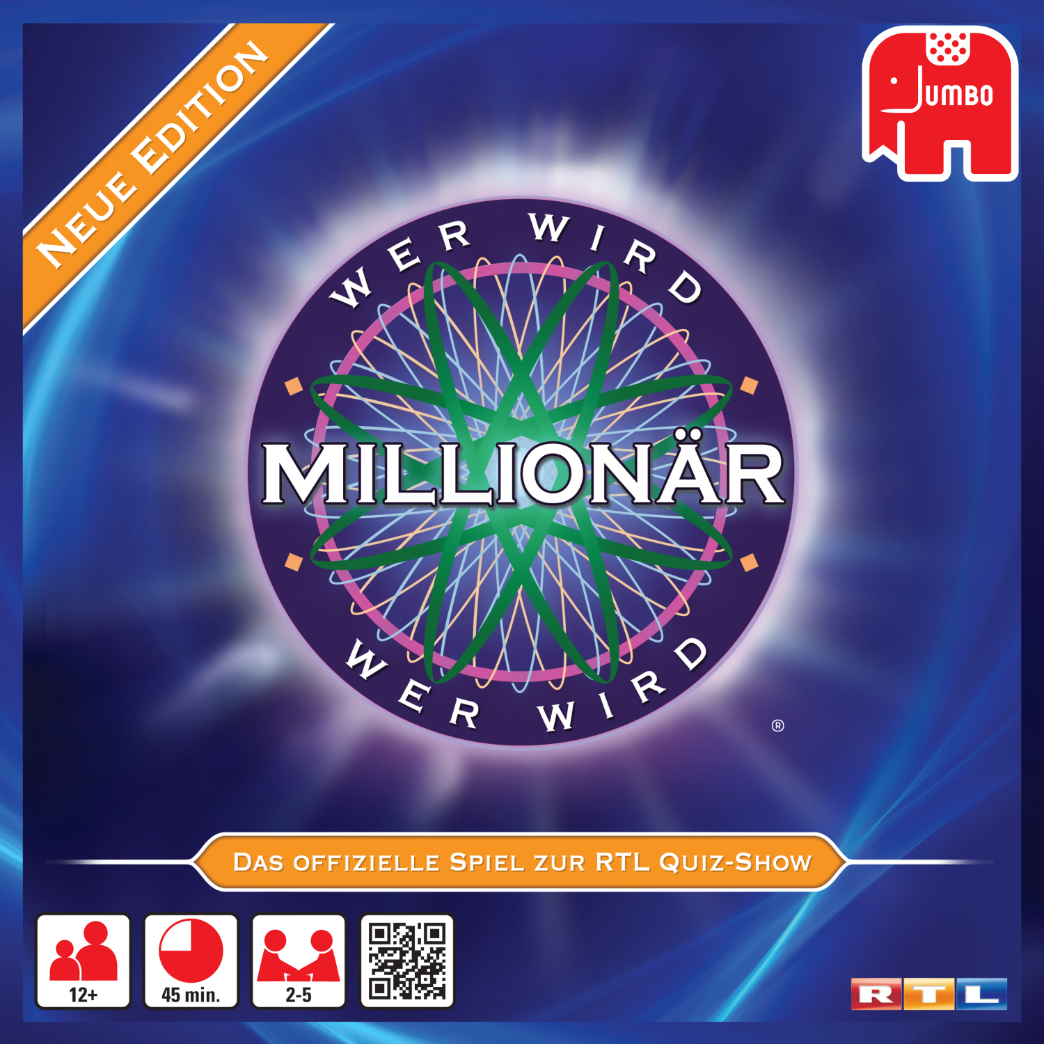 Wer Wird Millionär Brettspielbox mit kreisförmigem Design. Blauer Hintergrund, roter und gelber Text.
