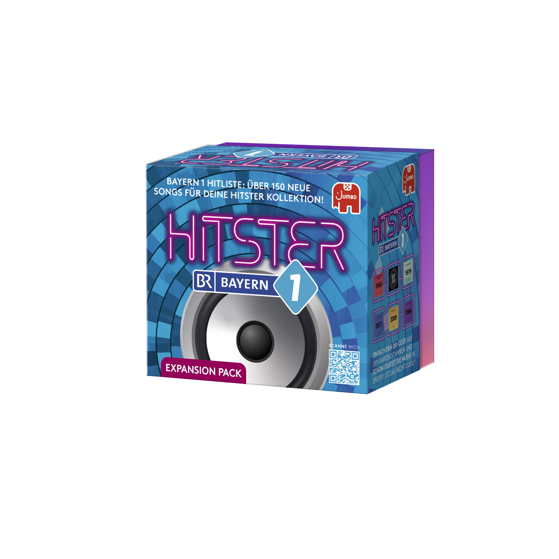 Scatola del gioco musicale Hitster 1 con grafica dell'altoparlante e design colorato. Sfondo bianco.