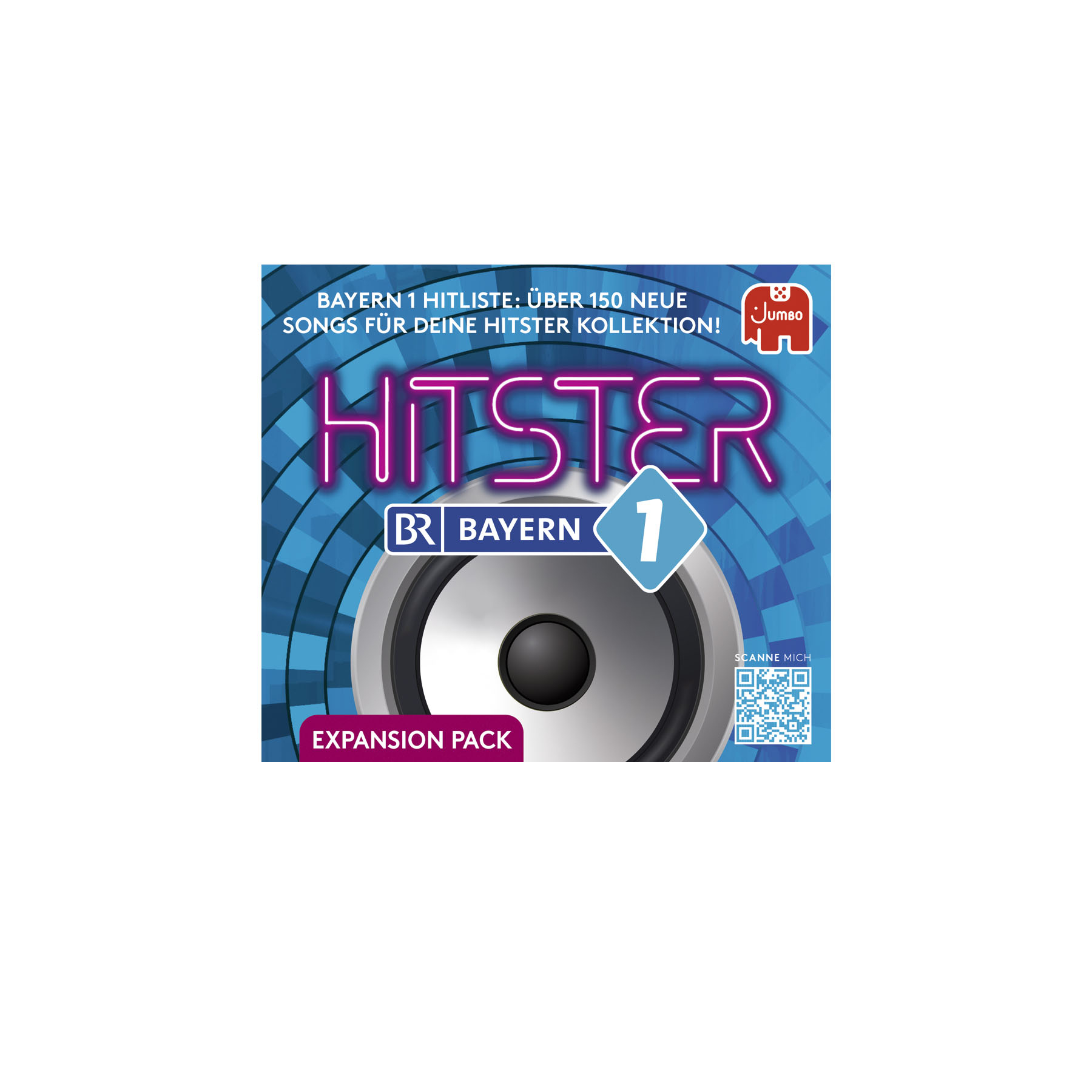 Scatola di gioco. Titolo: Hitster 1. Altoparlante al centro, sfondo blu e viola con testo.